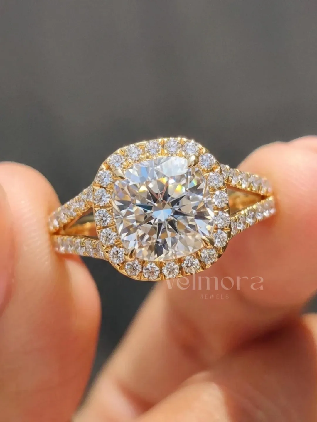 Cushion Cut Halo Engagement Ring, Split Shank Bridal Ring, Vintage Anniversary Gift for Her