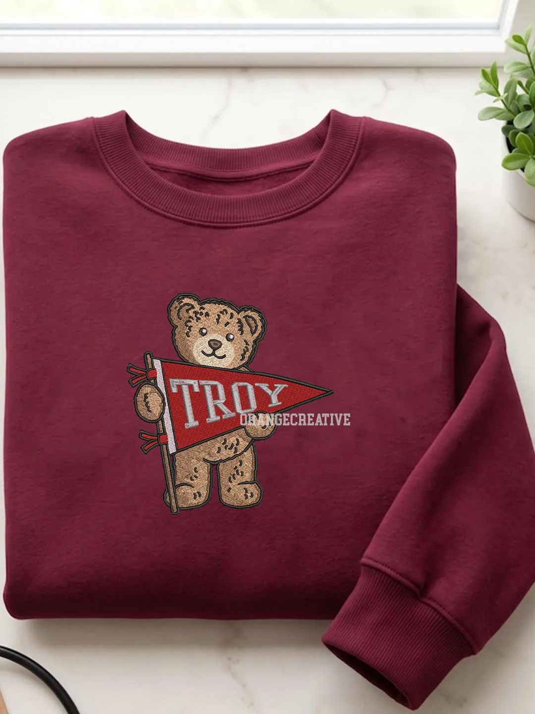Troy Embroidered Sweatshirt, College Embroidered Crewneck, Trojan Embroidered Shirt, Teddy Bear Sweatshirt, Gift for Collegue