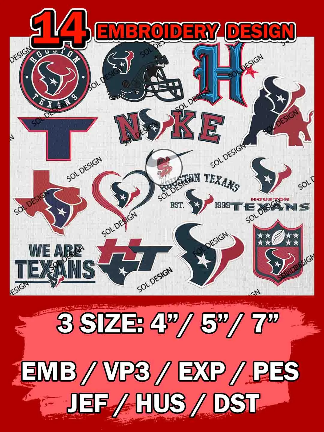 NFL Houston Texans Bundle Embroidery Files, NFL Houston Texans Team Embroidery, NFL Teams, National Football League 3 sizes, NFL Texans Football Machine embroidery designs, Digital Download