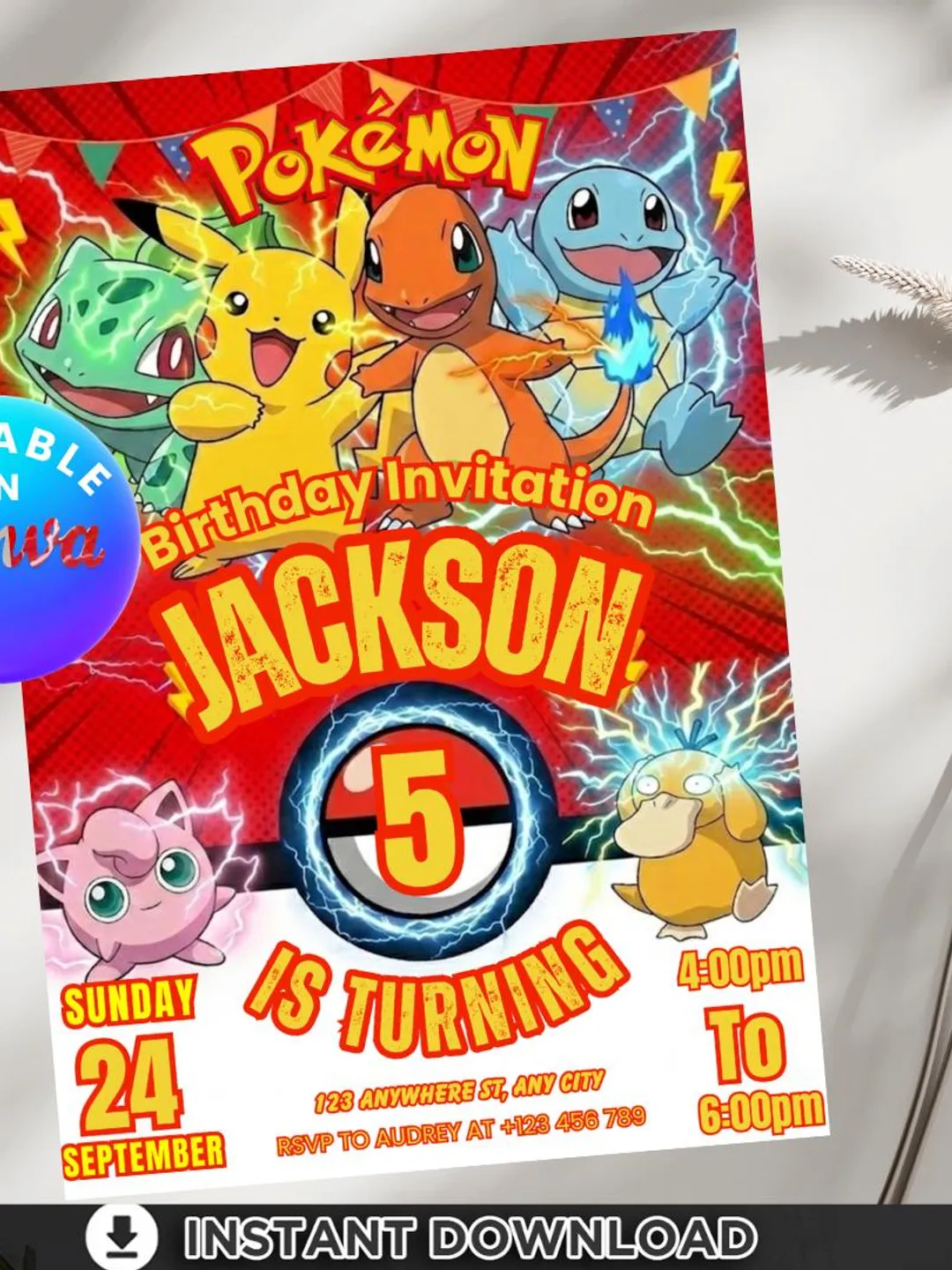 Editable Pokemon Birthday Invitation Card | Printable Pikachu Theme Party  Invite | Boy, Girl |Canva Template design Instant Digital Download