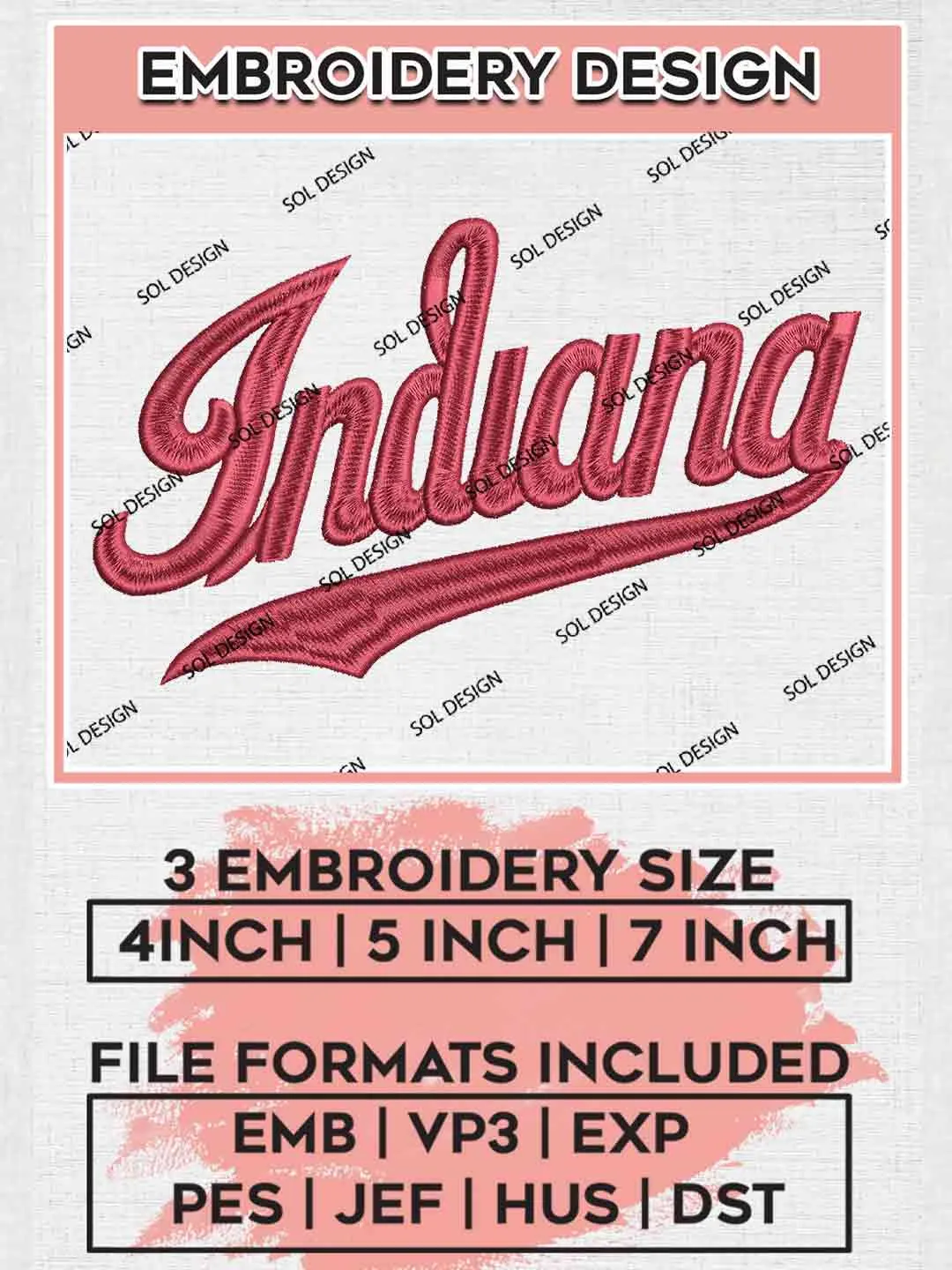 Indiana Wordmark Embroidery Design, Football Embroidery files, Sport Machine embroidery files, 3 sizes, Instant Download