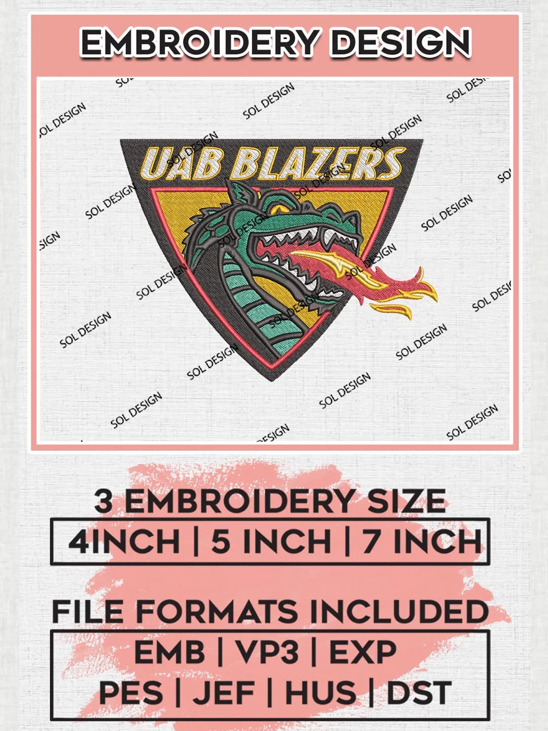 UAB Blazers NCAA Team Logo Machine Embroidery Design, NCAA UAB Blazers Team Design Design files, NCAA Team Embroidery Designs, NCAA Machine Embroidery Designs, Digital Download