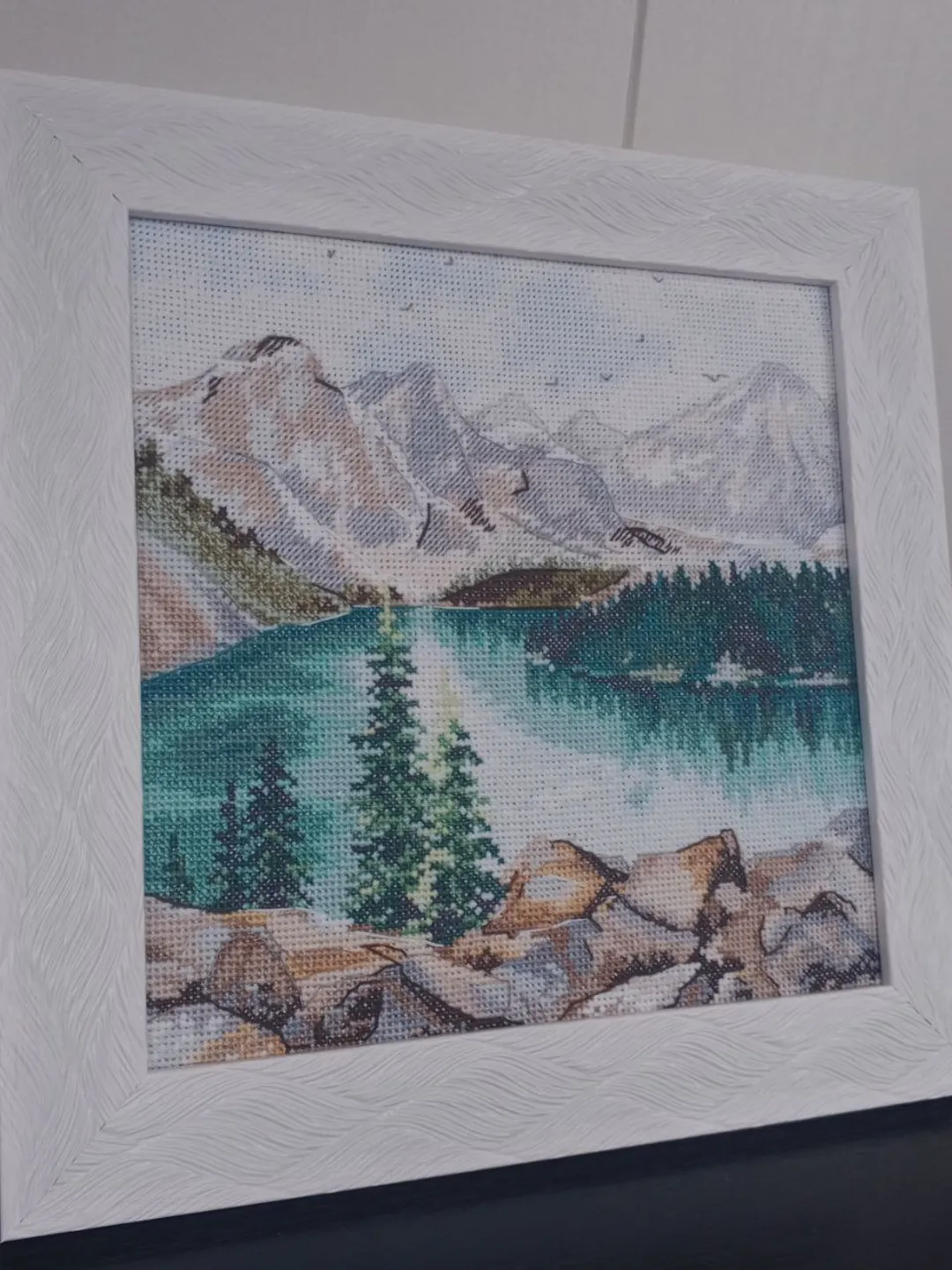Handmade Moraine Lake painting, Canadian landscape wall art, for home decor, finished cross stitch
