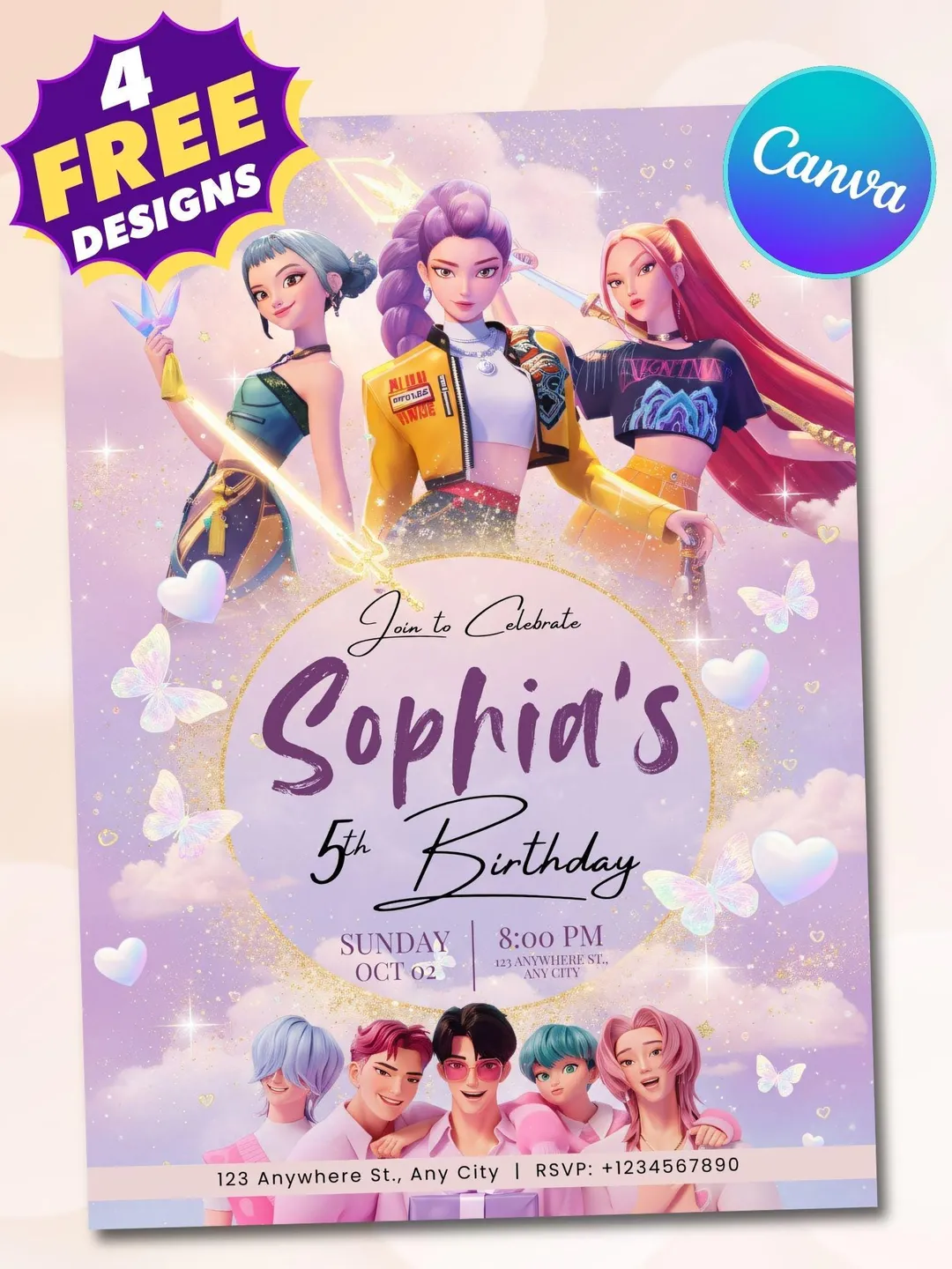 K-POP タレントカード Invitation Editable Canva KPOP Demon Hunters Birthday Invitation Template