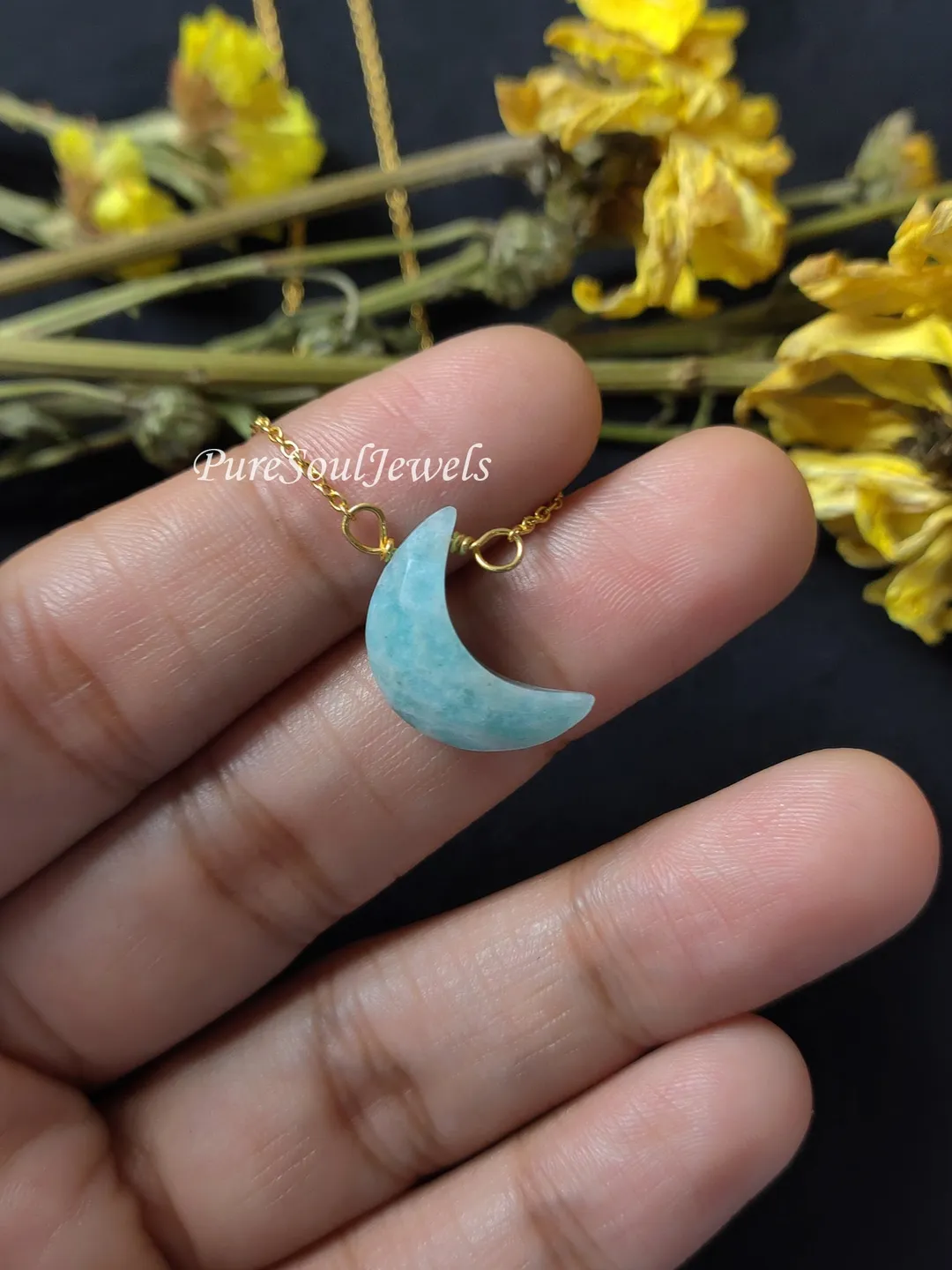 Dainty Amazonite Crescent Moon Necklace, 925 Silver Gemstone Pendant, Gift for Her Jewelry