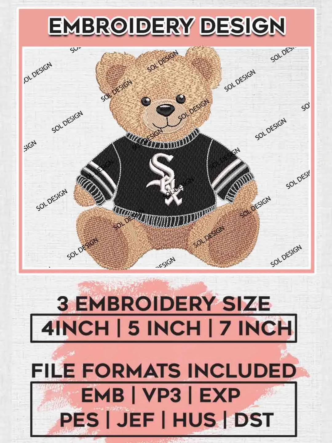 MLB Chicago White Sox Teddy Bear Embroidery Designs, Vintage Sport Bear Baseball Embroidery Design Files, MLB White Sox Team, Cute Teddy Bear Embroidery, MLB Chicago White Sox Embroidery, Digital Download