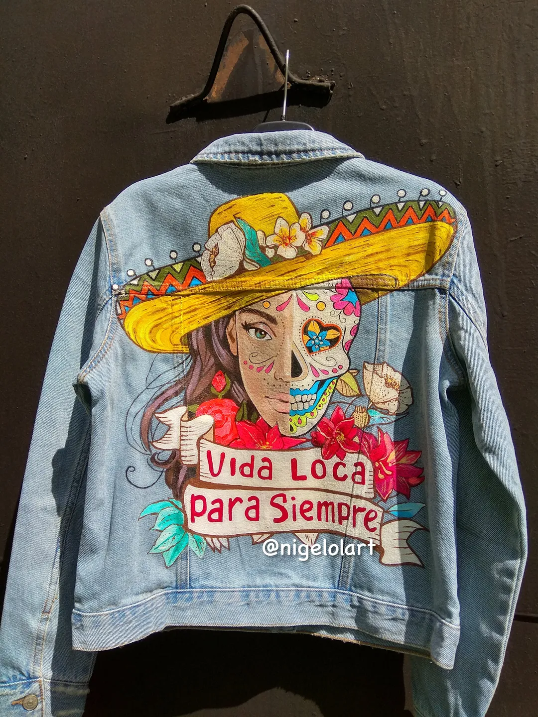Vida loca Painted denim jacket Custom gifts Jean jacket blue denim jacket skull Lettering Quotes