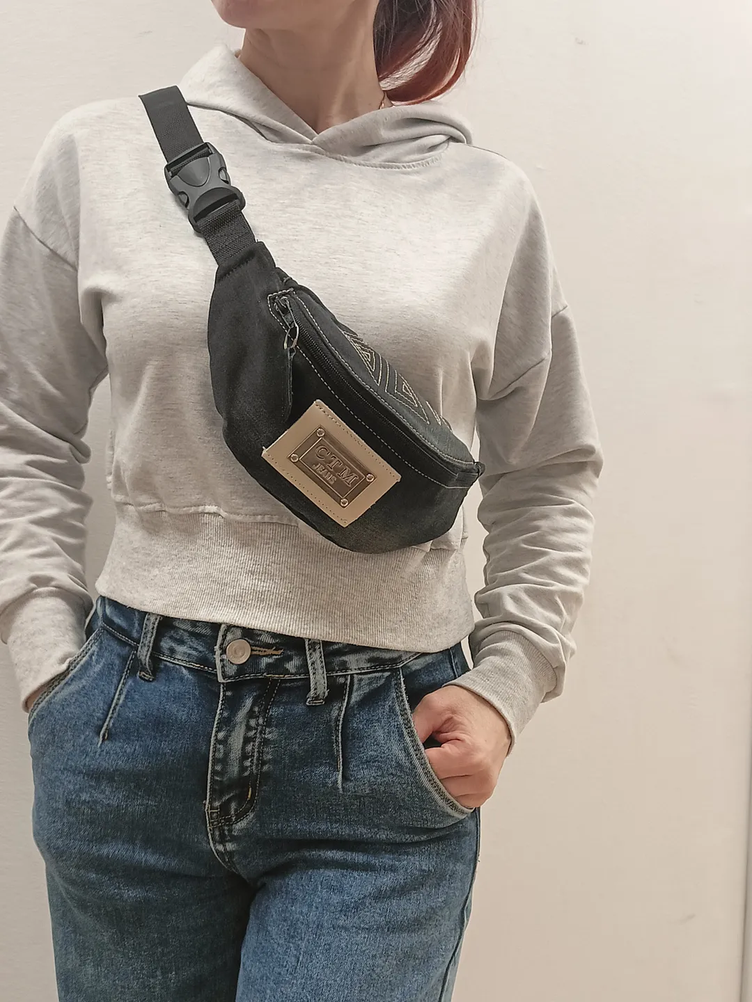 Comfortable handmade belt bag made of black denim, sling bag, fanny pack, banana crossbody wallet
