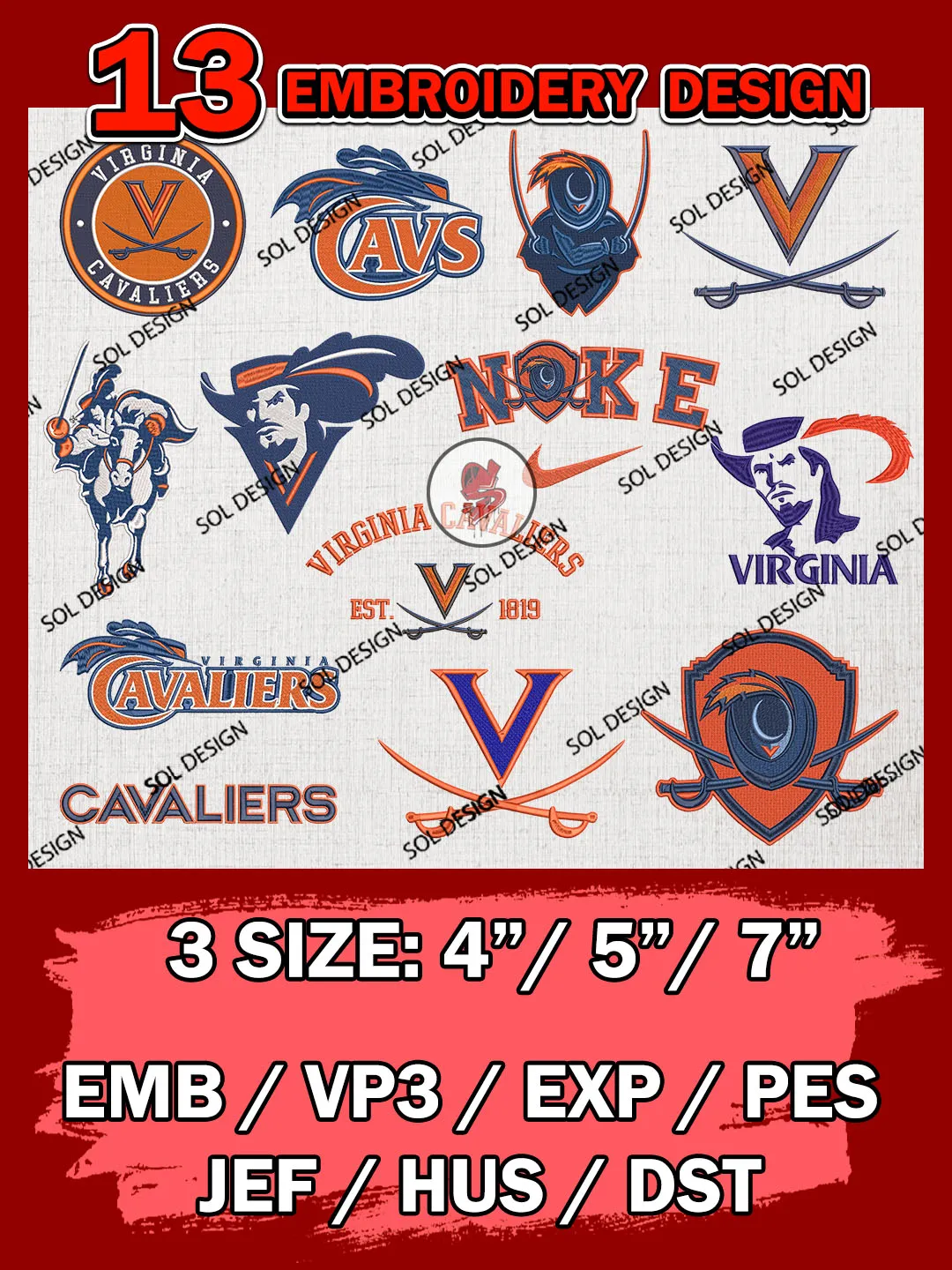 13 NCAA Virginia Cavaliers Bundle Embroidery Files, NCAA Virginia Cavaliers Team Bundle Embroidery Designs, NCAA Teams, National College Football Team 3 sizes, NCAA Virginia Machine Embroidery, Digital Download