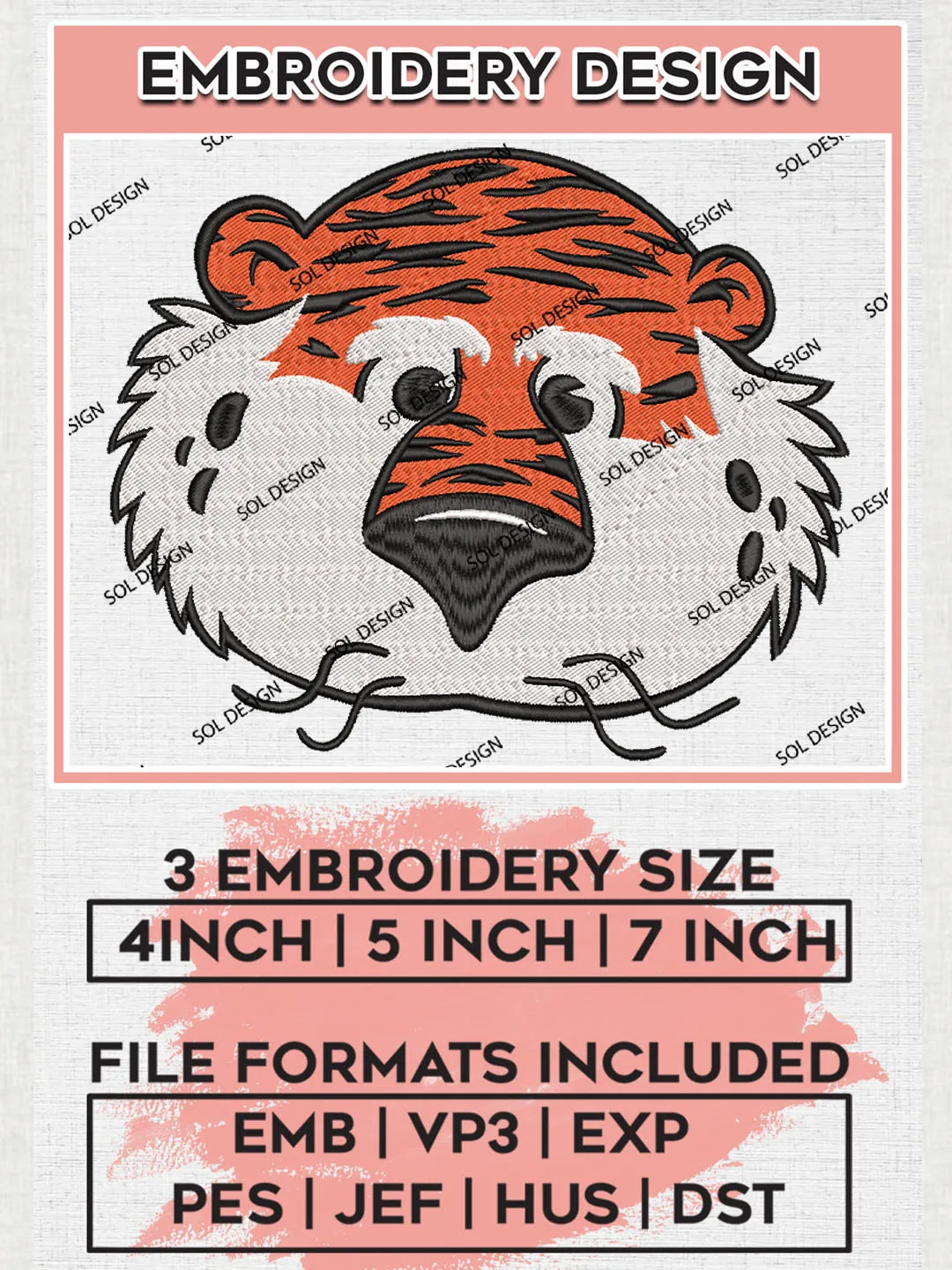 NCAA Auburn Tigers Team Funny Head Mascot Logo Embroidery Design Files, NCAA Auburn Tigers Machine Embroidery, NCAA Teams, 3 sizes, NCAA Machine embroidery designs, Digital Download
