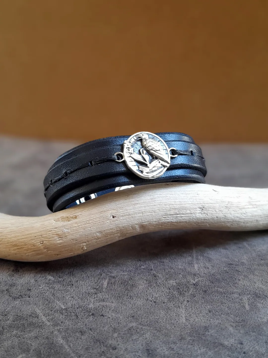 Black Raven Bracelet, Handmade Adjustable Full Grain Leather Cuff, Men Bracelet, Crow Pendant Bangle, Minimalist Gothic Leather Jewelry