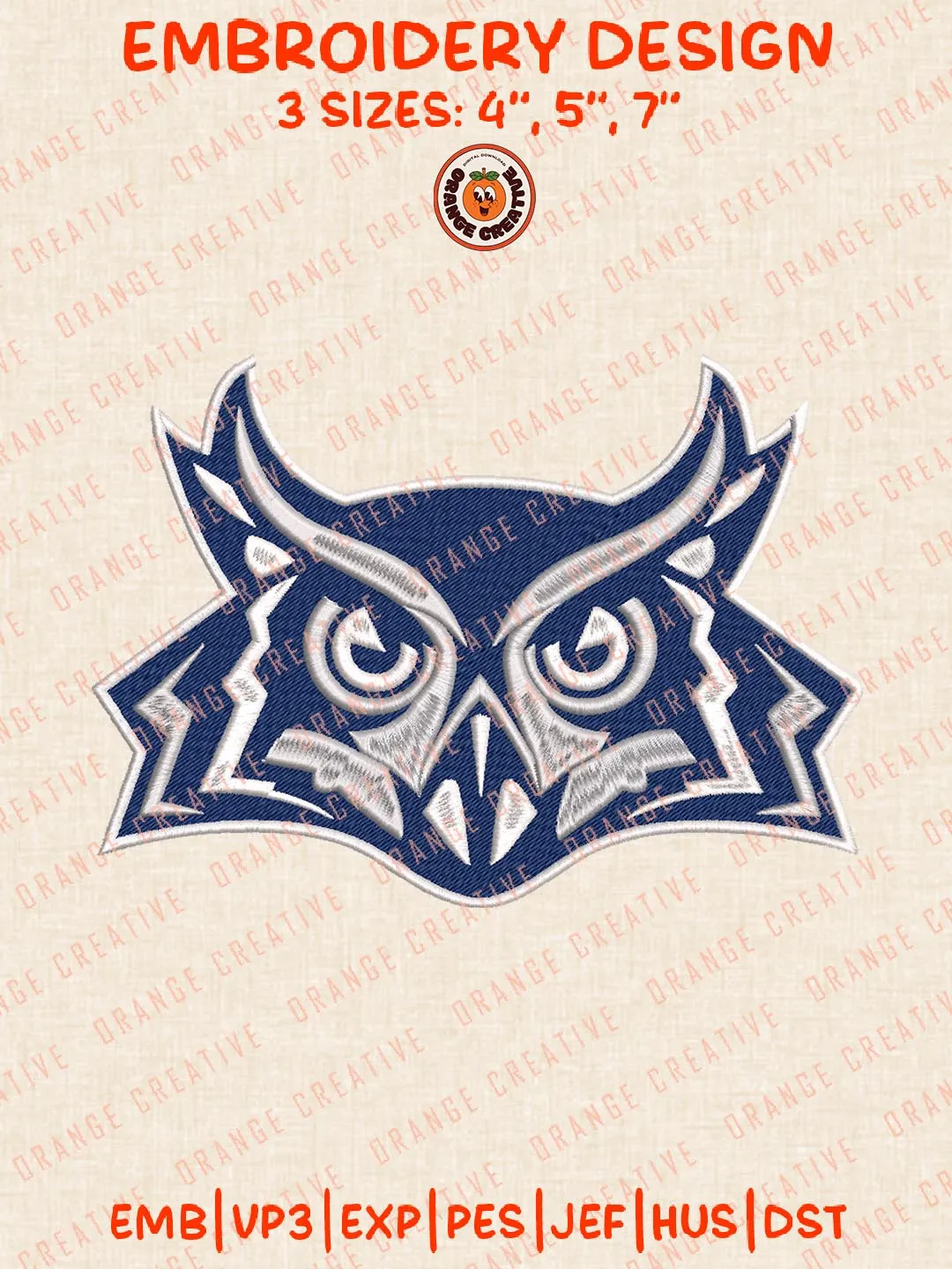Rice Owls Head Mascot Logo Embroidery Design Files, NCAA Logos Embroidery Designs, NCAA Rice Owls Machine Embroidery Files, 3 Sizes, Custom Sizes, Instant Download