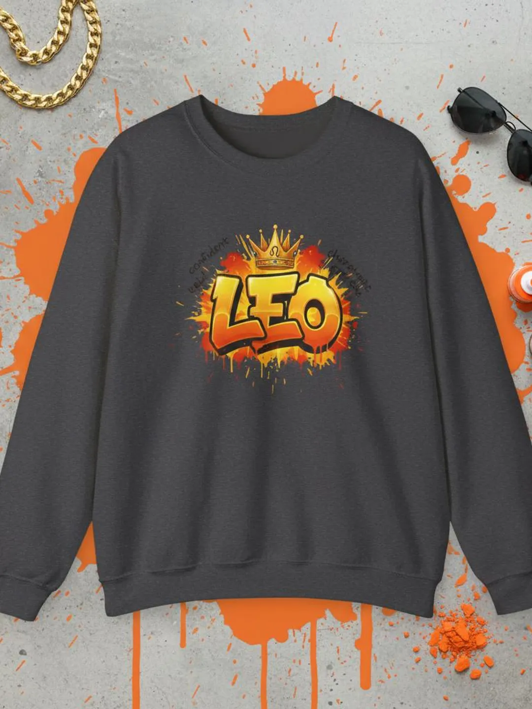 Leo Graffiti Crown Sweatshirt | Zodiac Leo Design | Orange Paint