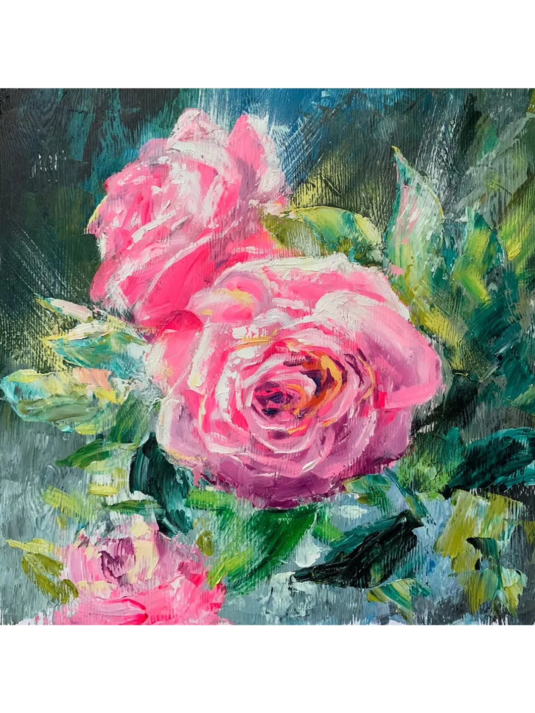 Roses oil painting / Pink flowers on blue art