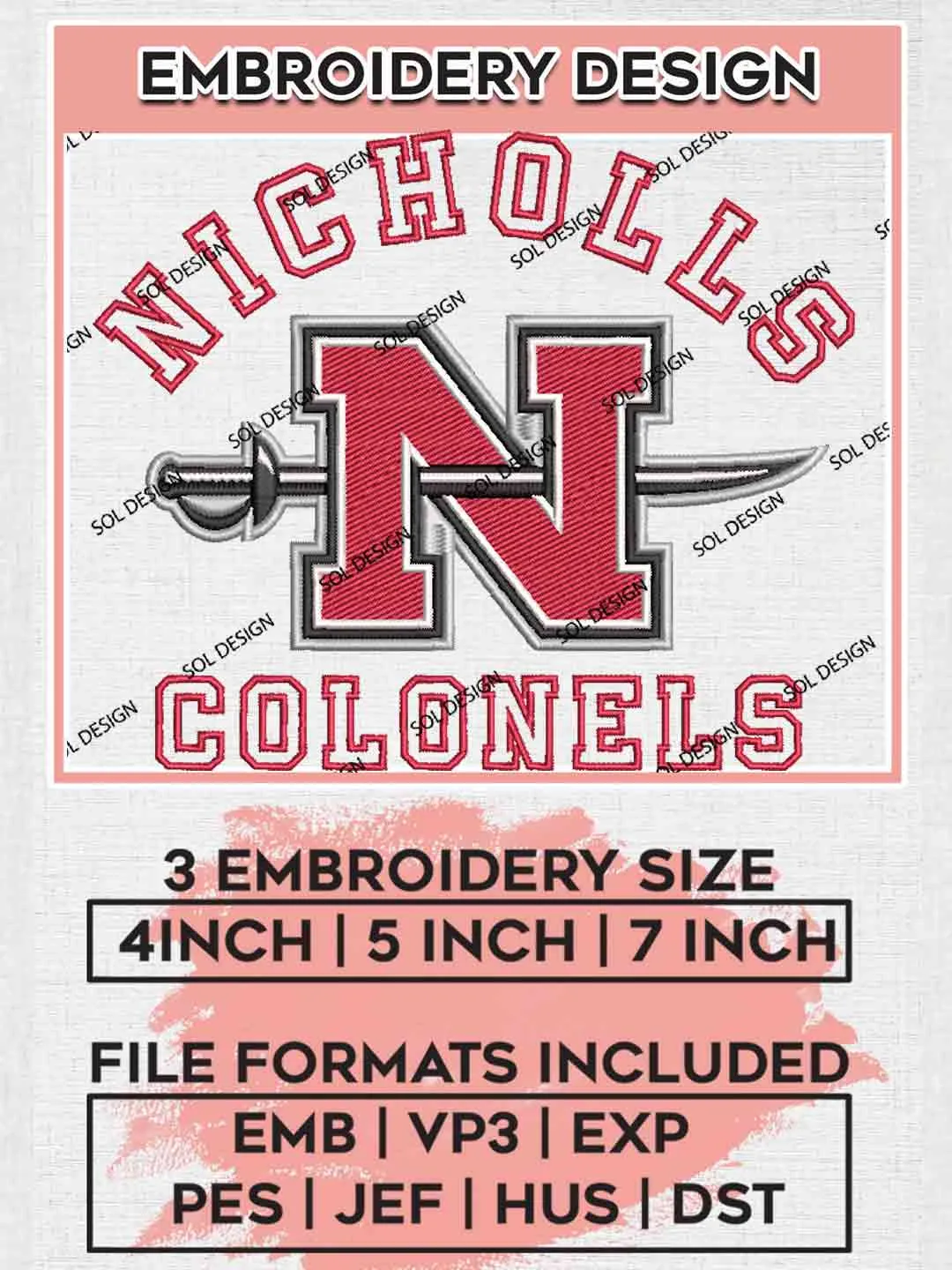 Nicholls Colonel Embroidery Design, Football Embroidery files, Sport Machine embroidery files, 3 sizes, Instant Download