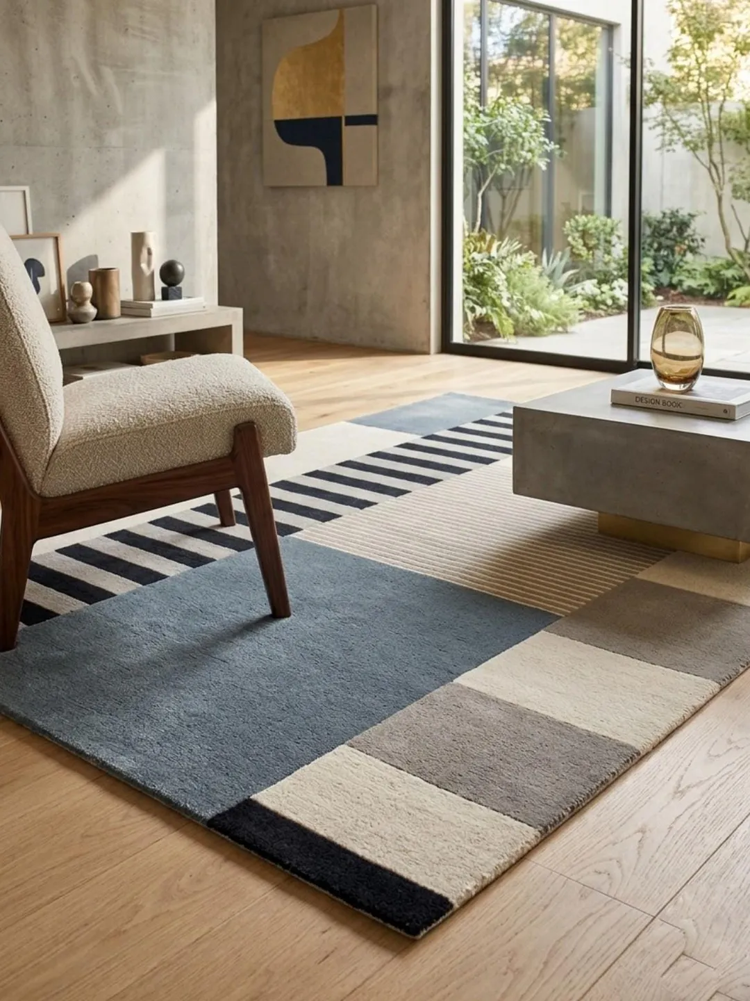 Modern Geometric Hand Tufted Wool Rug – Scandinavian Abstract Blue Cream Area Rug