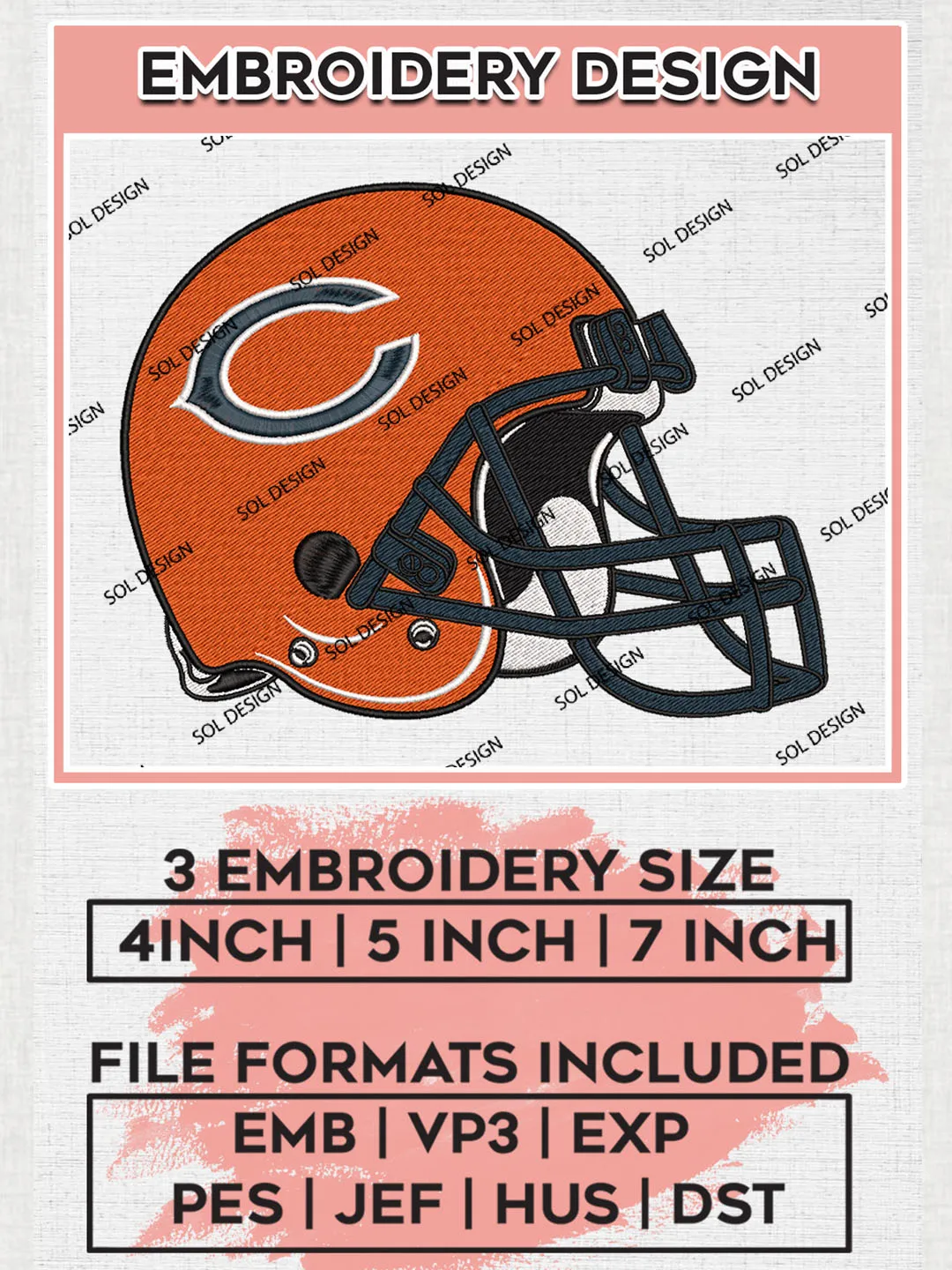 NFL Chicago Bears Helmet Embroidery Design Files, NFL Bears, NFL Logo Embroidery Files, NFL Chicago Bears Machine Embroidery Design, Digital Download