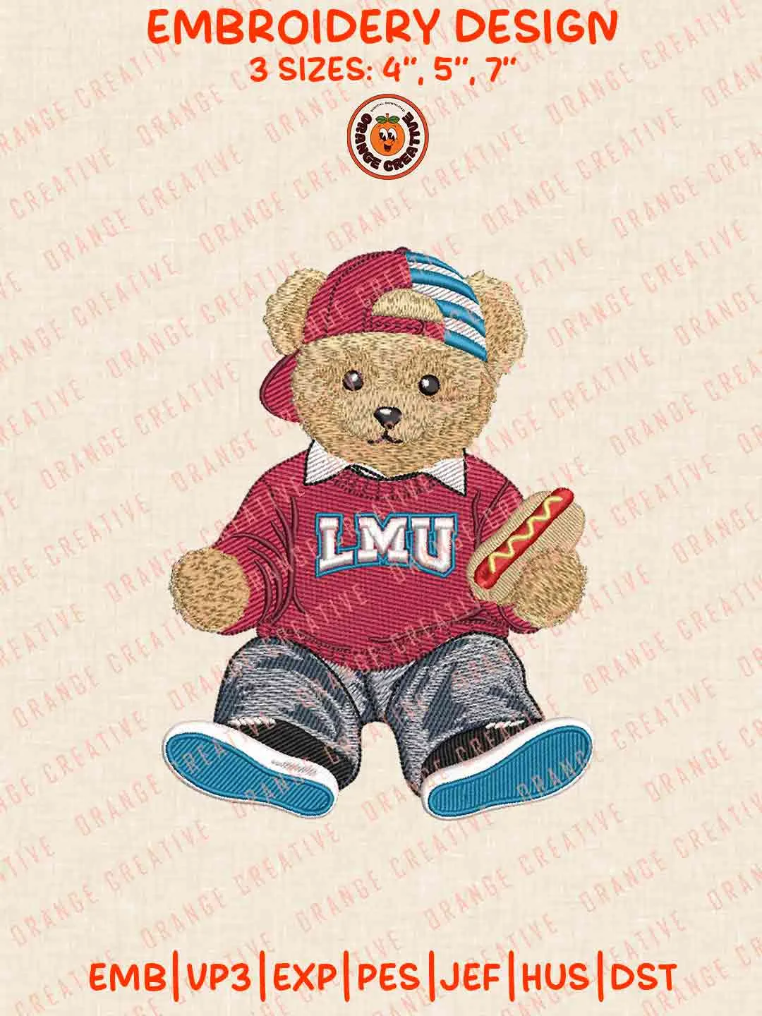Loyola Marymount Lion Bear Hot Dog Embroidery Design Files, Football Embroidery Designs, Sport Machine Embroidery Files, 3 Sizes, Custom Sizes, Instant Download