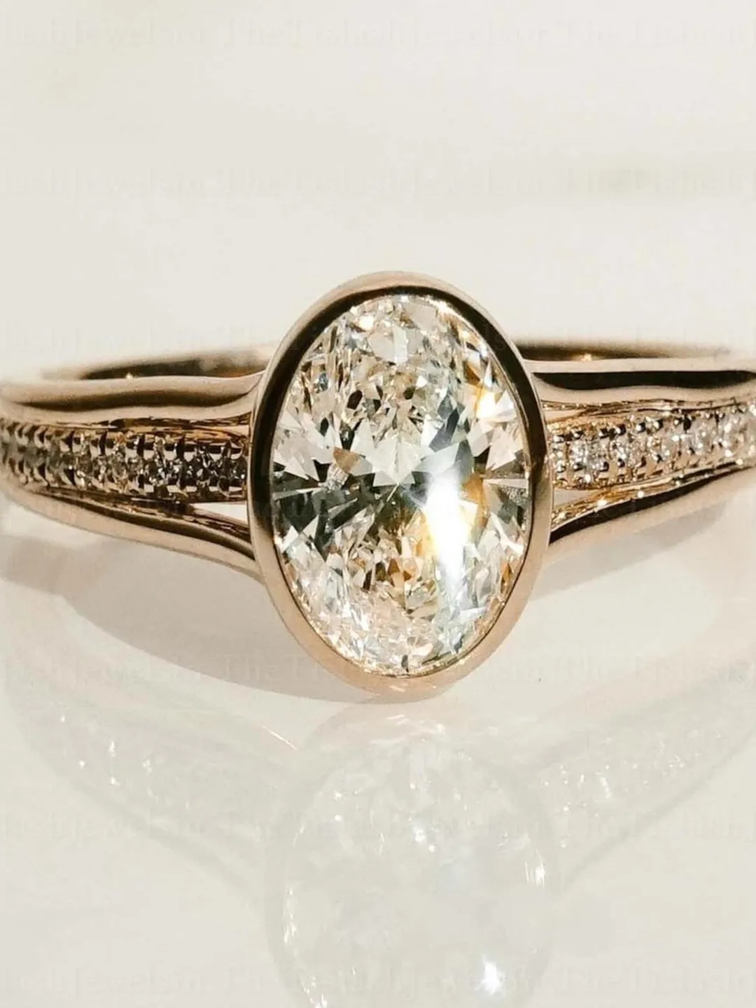 Bezel Set Oval Moissanite Engagement Ring Split Shank 14K Solid Gold ...