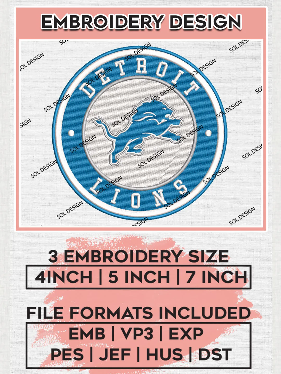 NFL Detroit Lions Circle Logo Embroidery Design Files, NFL Lions, NFL Embroidery Designs, NFL Detroit Lions Machine Embroidery Design, Digital Download