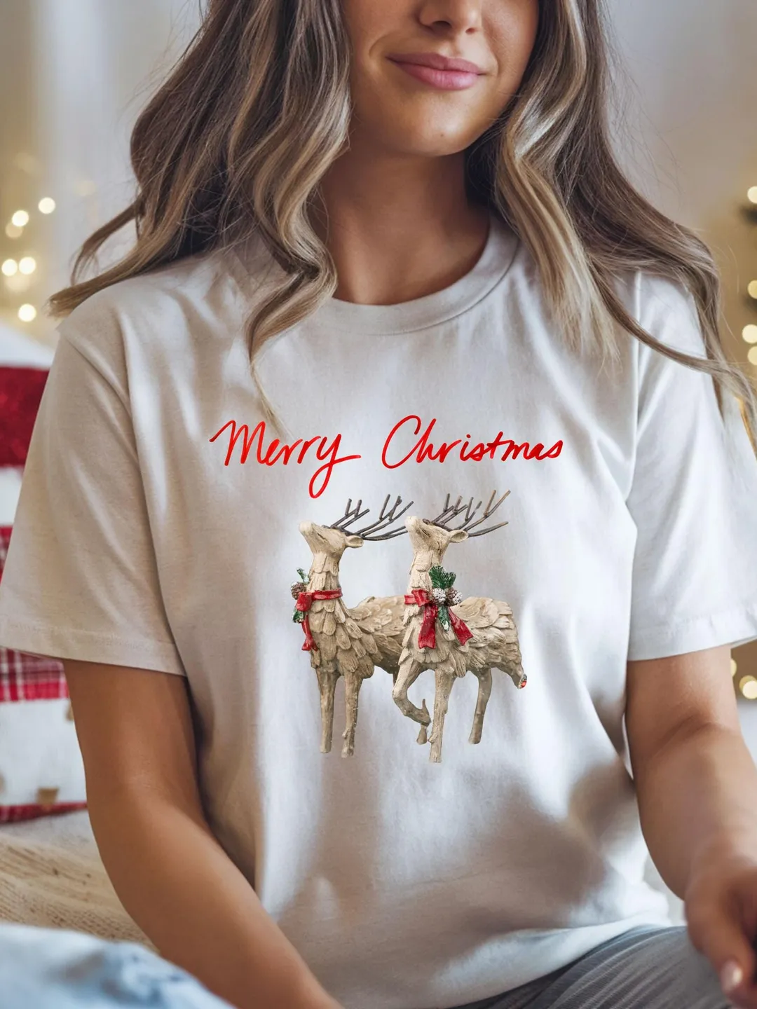 Merry Christmas Reindeer Graphic Tee, Holiday T-Shirt