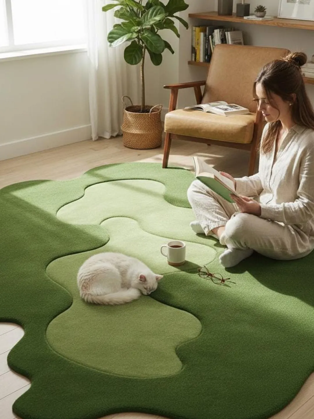Irregular Forest Green Moss Hand-Tufted Wool Rug for Living Room ...