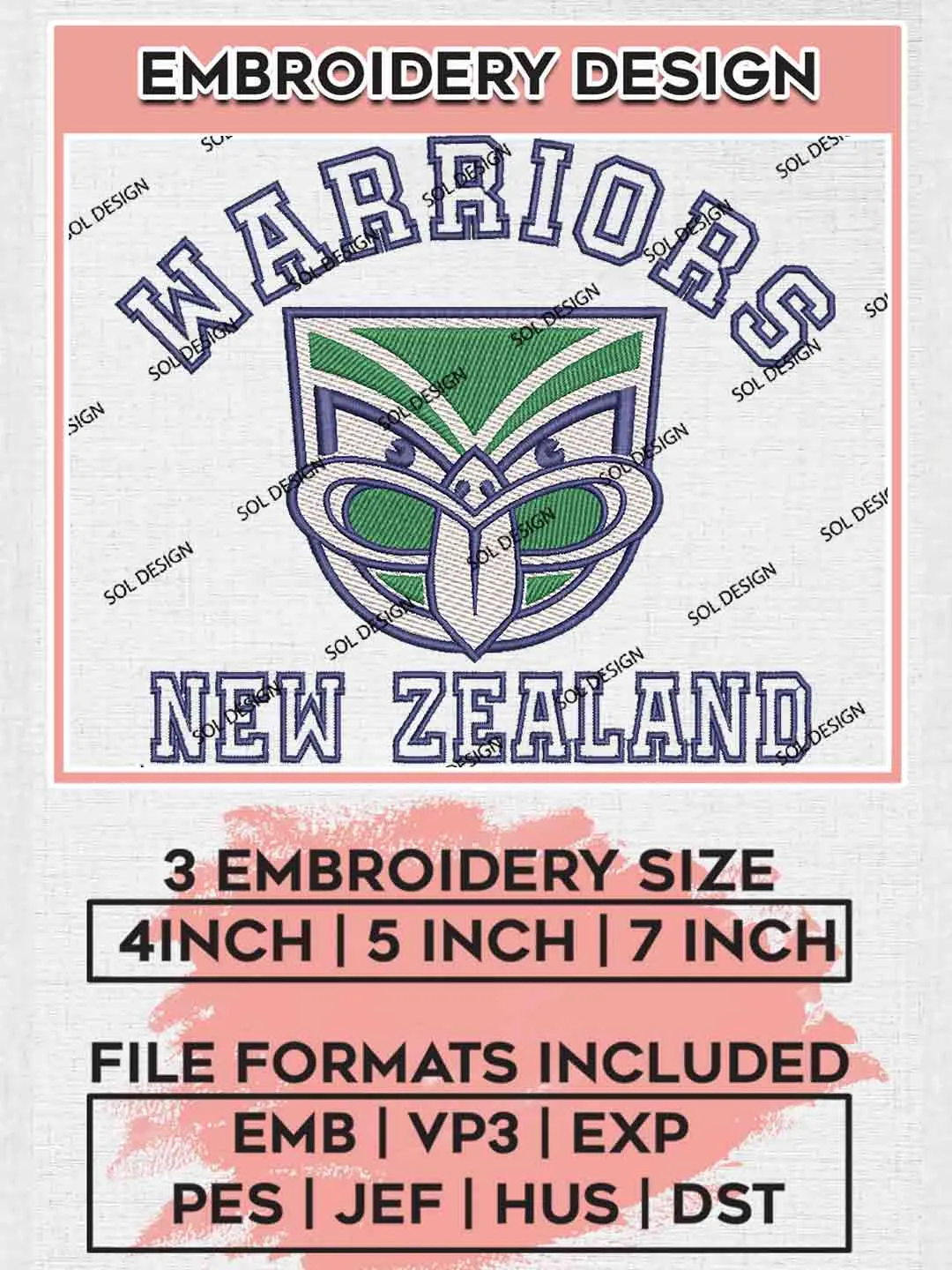 NRL Warriors Embroidery Design, National Rugby League Embroidery Design, New Zealand Warriors Logo Embroidery Design, NRL Machine Embroidery Digitized Pes File, 3 Sizes, Instant Download