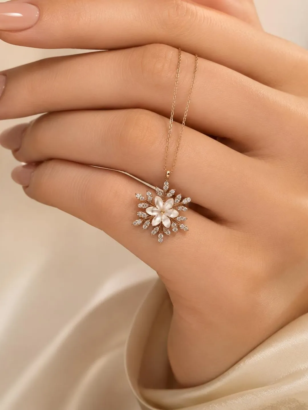 Snowflake Necklace, Moissanite Pendant, Rose Gold Necklace, Snow Flower Necklace, Winter Jewelry, Christmas Gift for Her, Dainty Gift