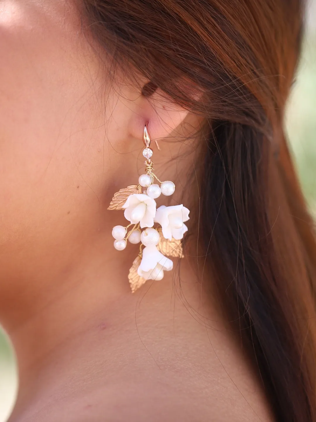 Porcelain Flower Earrings, Boho Wedding Earrings, Pearl Gold Chandeleir Statement Bridal Earrings, Statement Bridal Jewelry, Leaf Jewellry