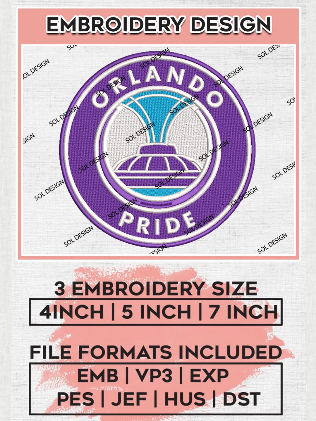 NWSL Orlando Pride Logo Embroidery Designs, NWSL Orlando Pride Machine Embroidery Design, Football Team Logo Embroidery Files, NWSL Team, 3 sizes, Machine embroidery Files, Digital Download