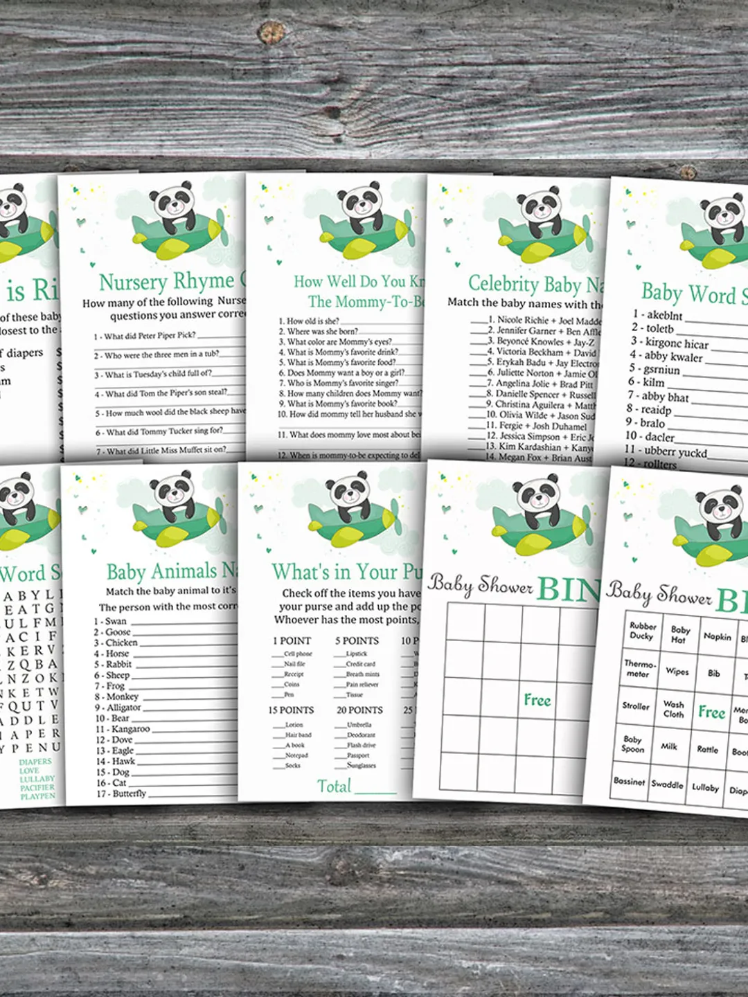 Panda theme baby shower games bundle,Jungle Baby Shower games package,Fun Baby Shower Games,9 Printable Games-301
