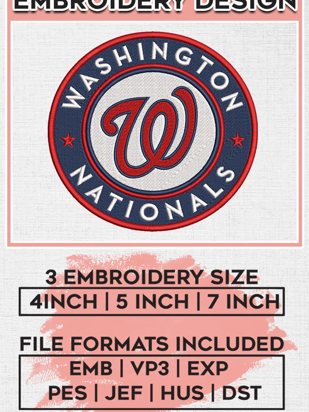 MLB Washington Nationals Team Round Logo Embroidery Design, MLB Washington Nationals Embroidery files, Baseball Team, Nationals Design, Digital Download
