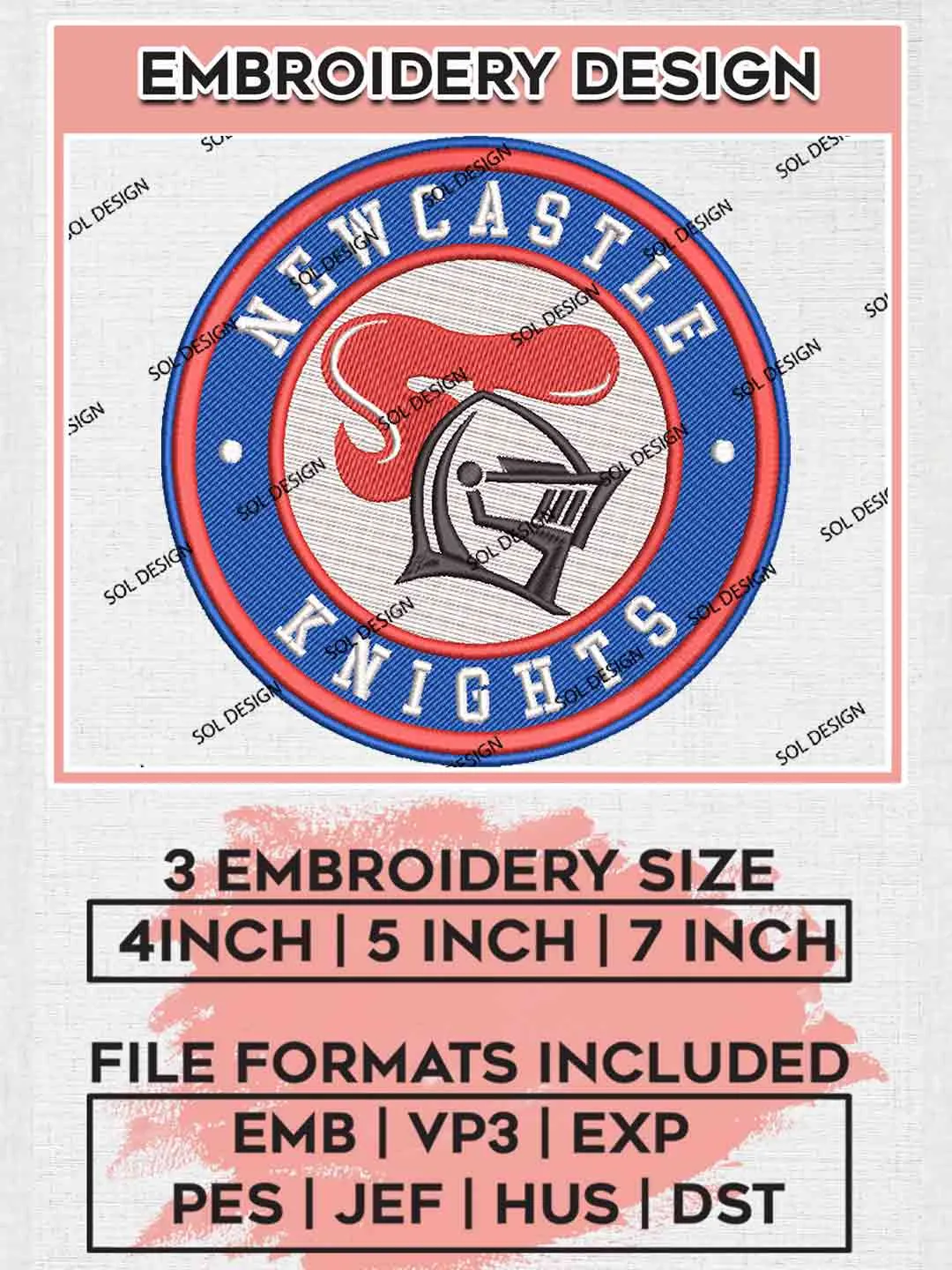 NRL Newcastle Knights Circle Logo Embroidery Design, National Rugby League Embroidery Design, New Newcastle Knights Logo Embroidery Design, NRL Machine Embroidery Digitized Pes File, 3 Sizes, Instant Download