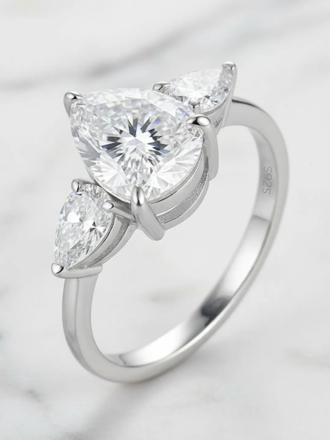 Pear Cut Moissanite Ring, Sterling Silver Three Stone Engagement Ring