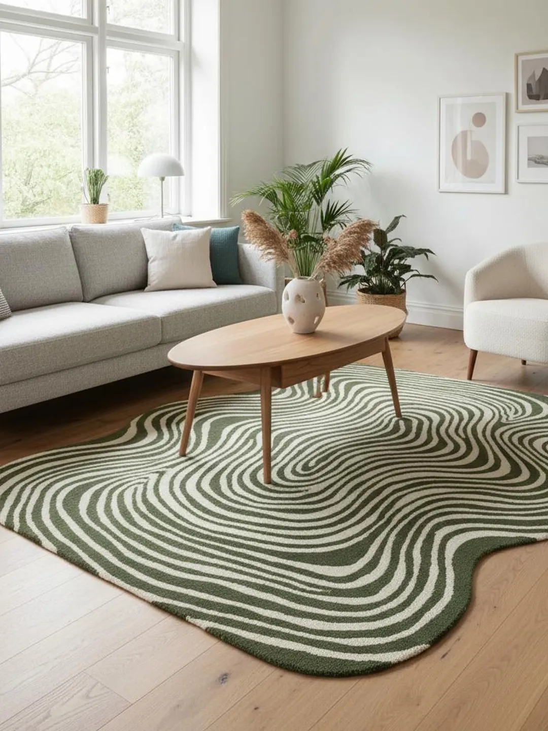 Wavy Small Rug Hand Tufted Wavy Wool Rug – Green Abstract Modern Carpet