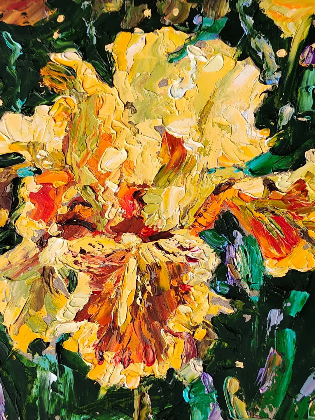 Iris painting Floral Original Art 6 by 6 Yellow flower impasto artwork by Natalia Plotnikova