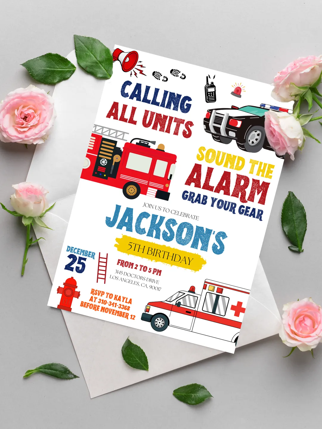 Emergency Vehicles Birthday Invitation, EDITABLE First Responders Party ...