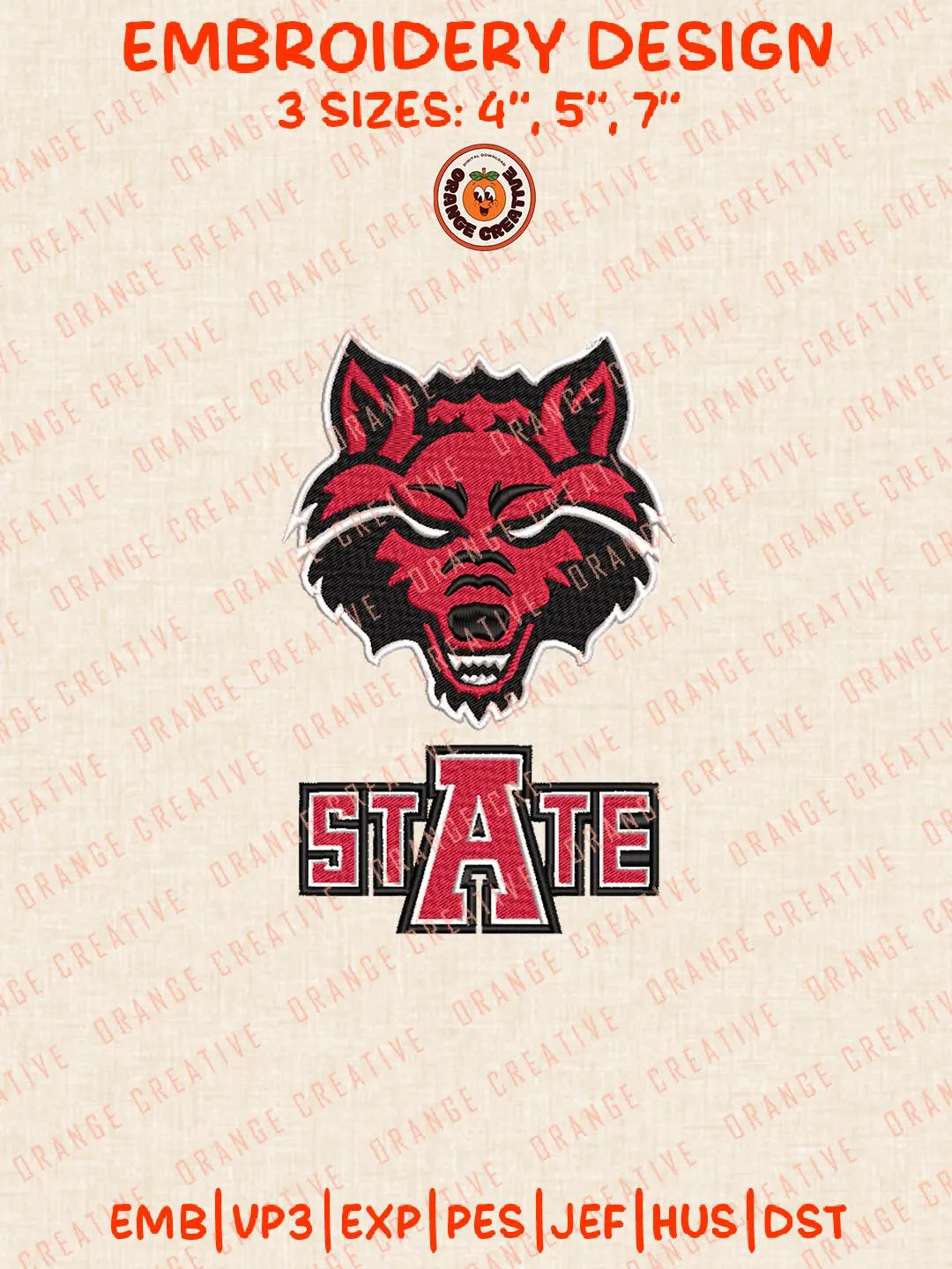 Arkansas State Red Wolves Logos Embroidery Design Files, NCAA Logos Embroidery Designs, Machine Embroidery Files, 4 Sizes, Custom Sizes, Instant Download