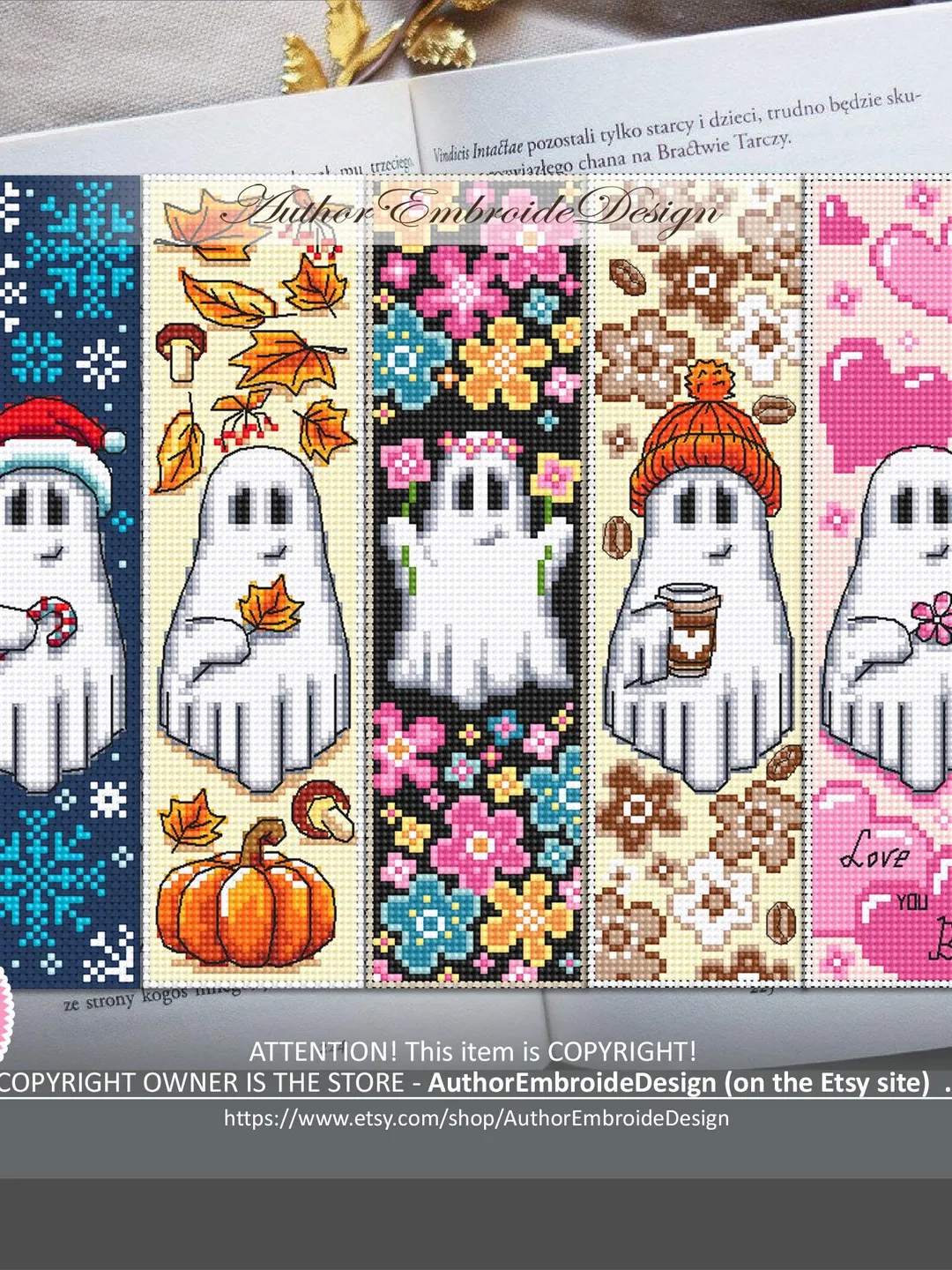 Ghost Bookmark set cross stitch pattern PDF download Cute ghost cross stitch chart Halloween bookmark pattern digital PDF Floral ghost #B376