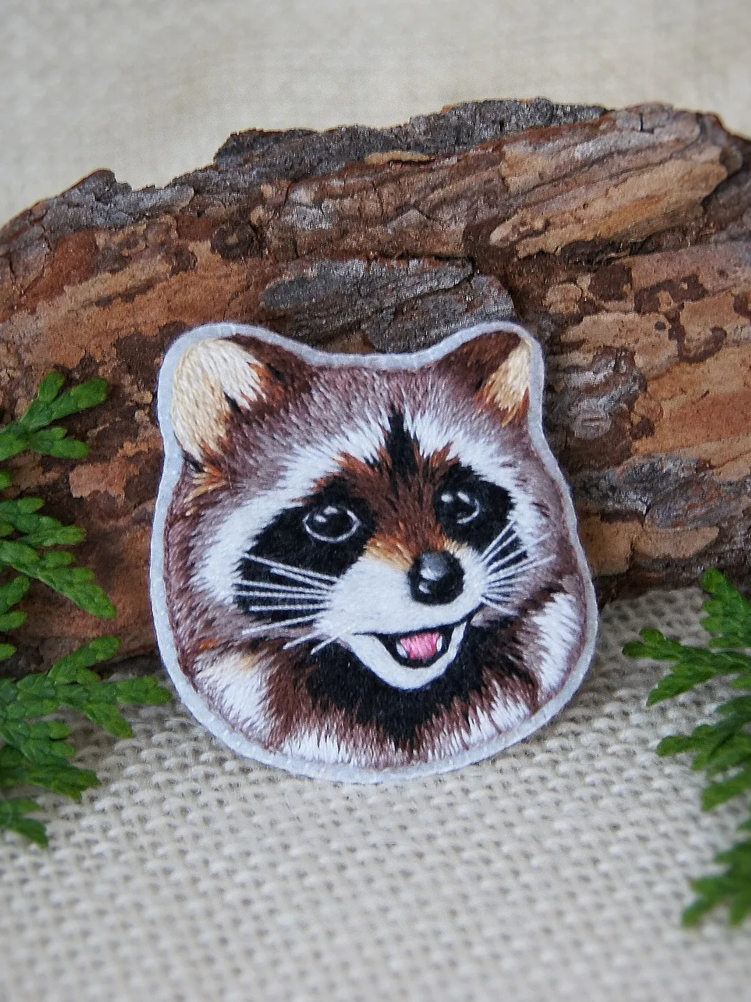 Brooch Raccoon. Small forest animal. Embroidered brooch.