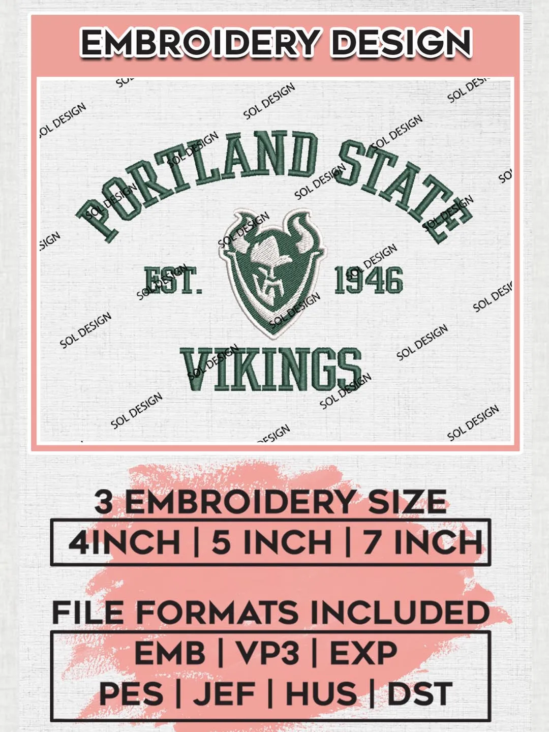 Portland State Vikings Est 1946 Logo Embroidery Designs, NCAA Portland State Vikings Team Embroidery, NCAA Team Logo, 3 sizes, Machine embroidery Files, Digital Download