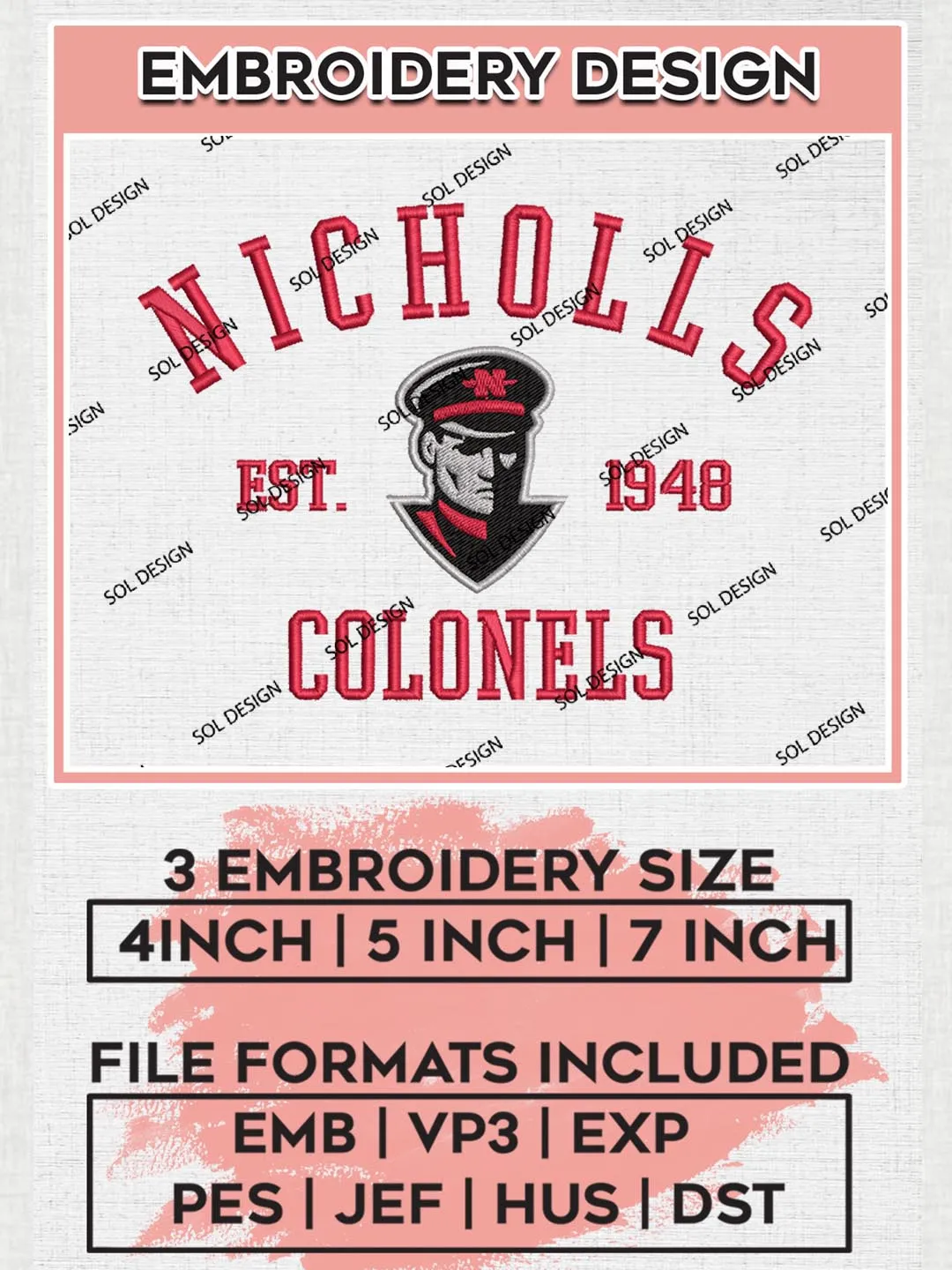 Nicholls Colonels Est 1948 Logo Embroidery Designs, NCAA Nicholls Colonels Team Embroidery, NCAA Team Logo, 3 sizes, Machine embroidery Files, Digital Download