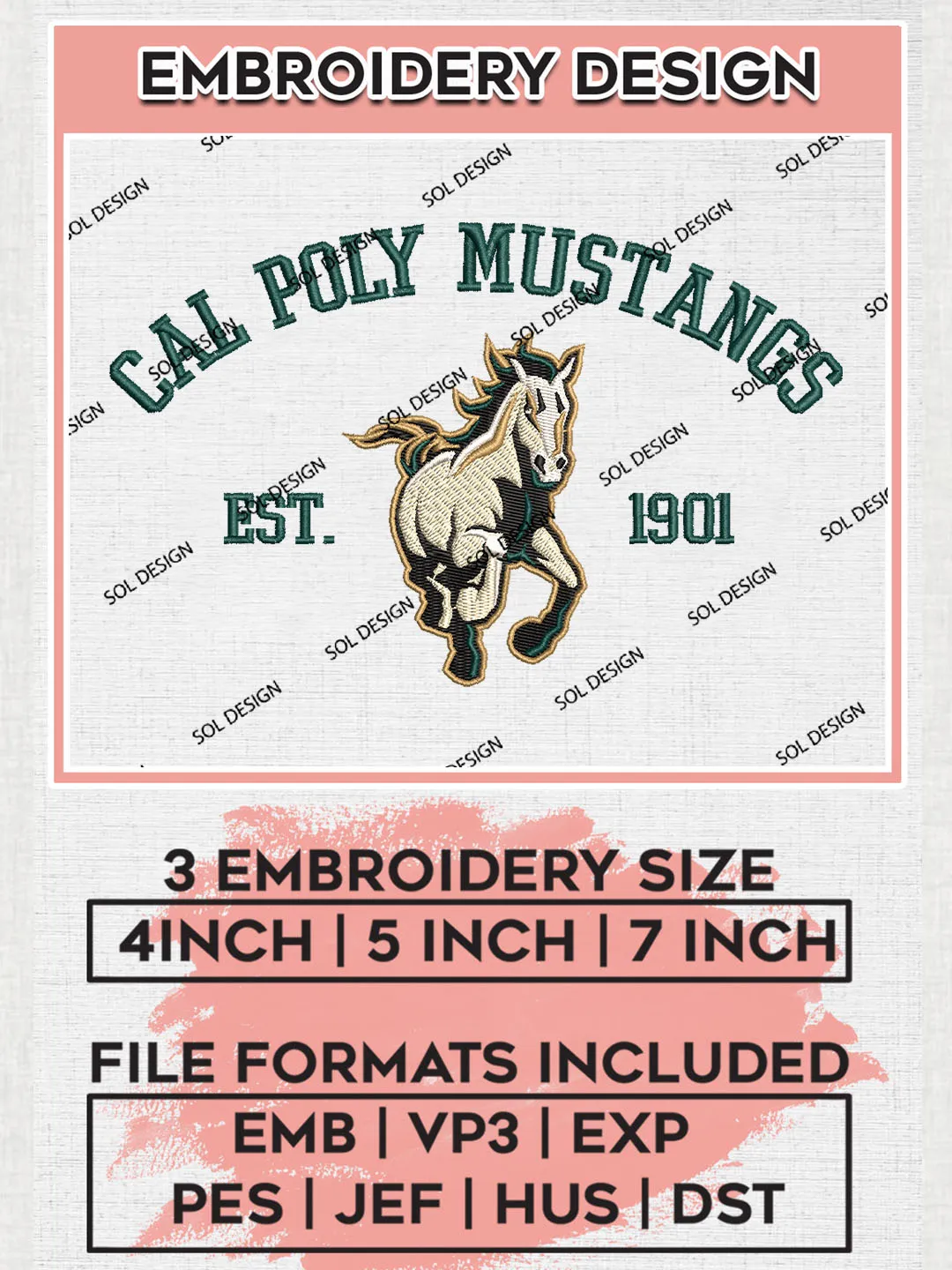 NCAA Cal Poly Mustangs Team Est 1901 Logo Embroidery Design Files, NCAA Cal Poly Mustangs Machine Embroidery, NCAA Teams, Game Day, 3 sizes, NCAA Machine embroidery designs, Digital Download