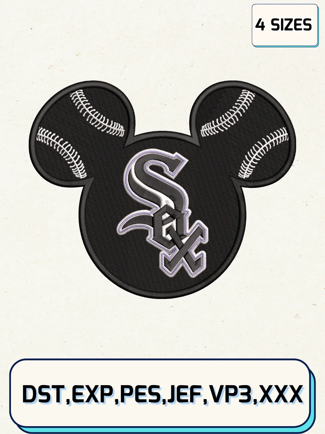 Chicago White Sox Baseball Mickey Mouse Heart Logos Embroidery Design Files, MLB Logos Embroidery Designs, Machine Embroidery Files, 4 Sizes