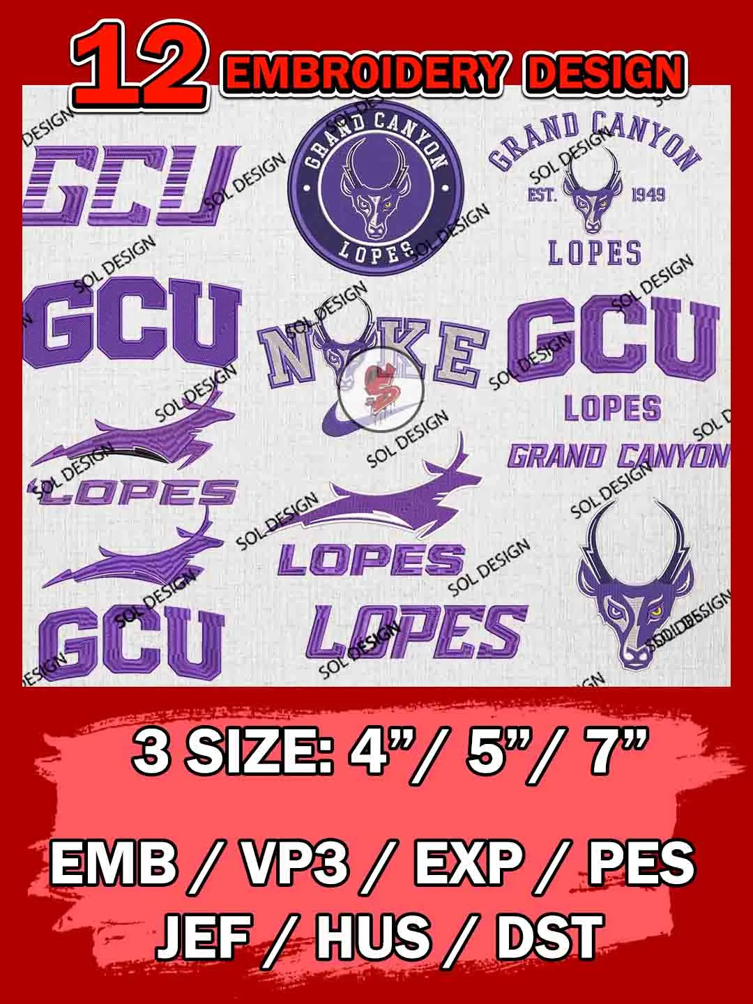 12 NCAA Grand Canyon Lopes Bundle Embroidery Files, NCAA Grand Canyon Lopes Team Bundle Embroidery Designs, NCAA Teams, National College Football Team 3 sizes, NCAA Grand Canyon Machine Embroidery, Digital Download