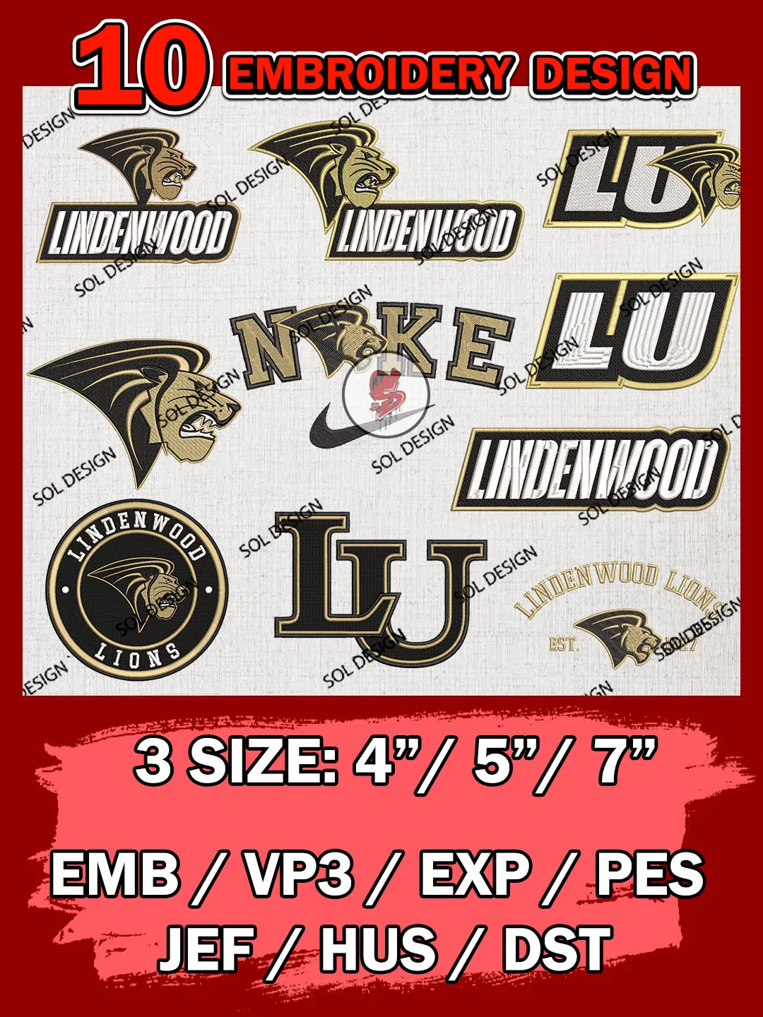 10 NCAA Lindenwood Lions Bundle Embroidery Files, NCAA Lindenwood Lions Team Bundle Embroidery Designs, NCAA Teams, National College Football Team 3 sizes, NCAA Lindenwood Machine Embroidery, Digital Download