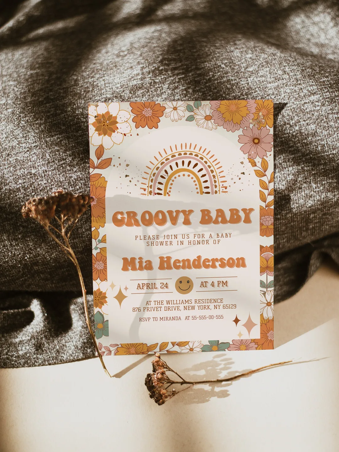 Groovy Baby Shower Invitation; Neutral Boho Groovy Baby Shower Template; Retro 70 80 Baby Shower Invite; Daisy Hippie Bohemian Cutie Retro