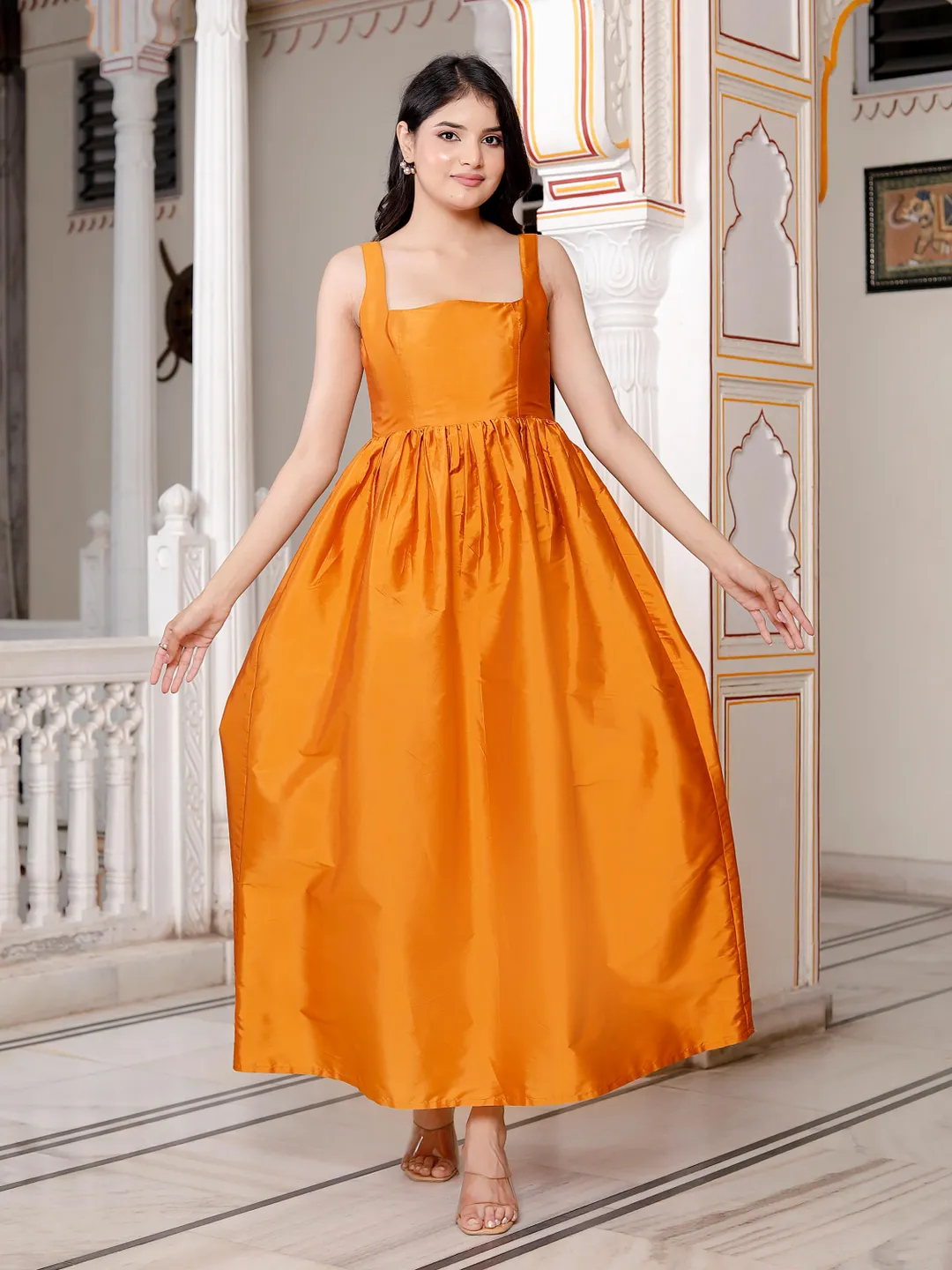 orange taffeta bridesmaid dresses Florence Waterfall Dress in Burnt Orange Satin