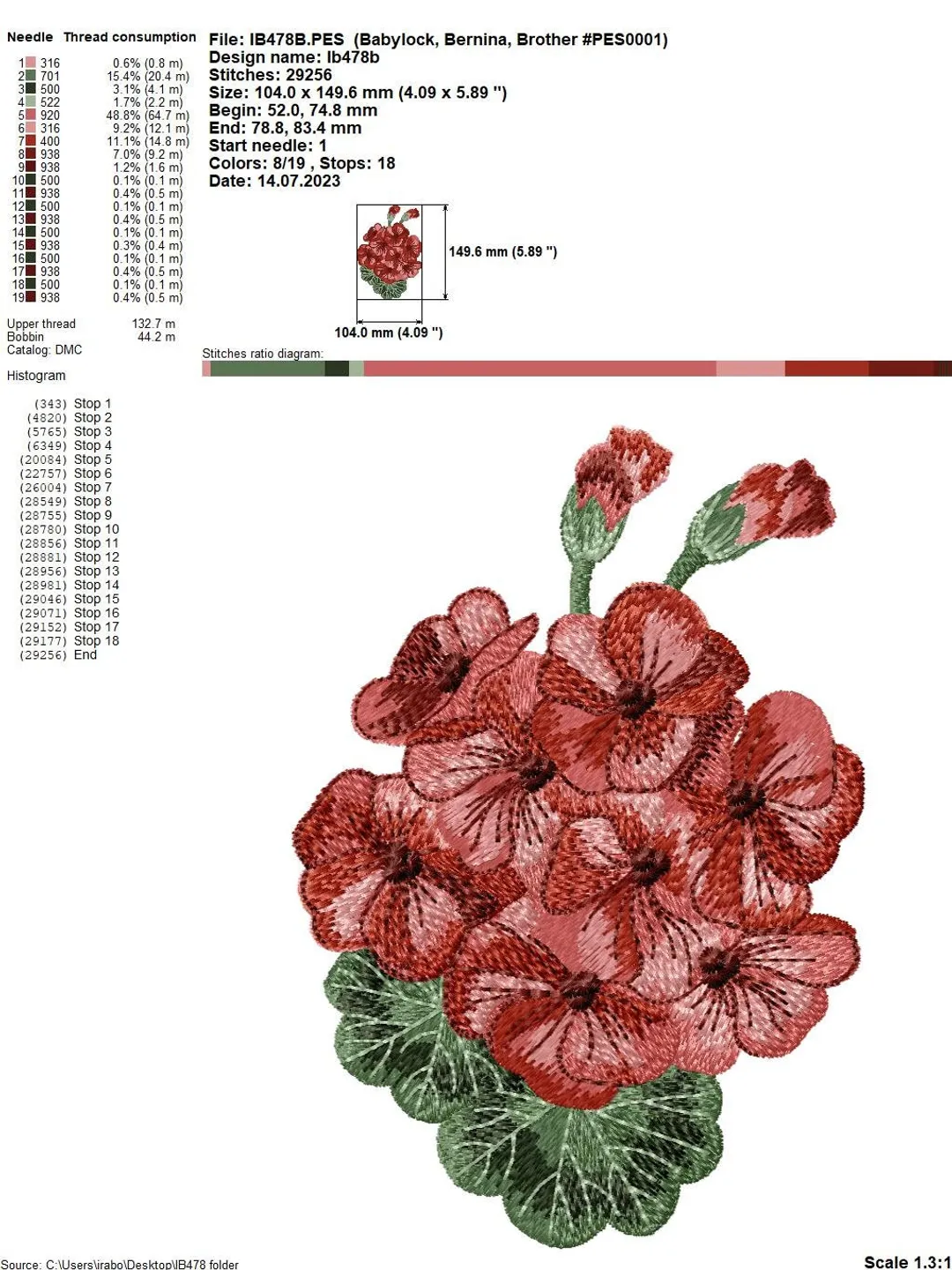 Machine embroidery design in art stitch technique Geranium with 3D elements