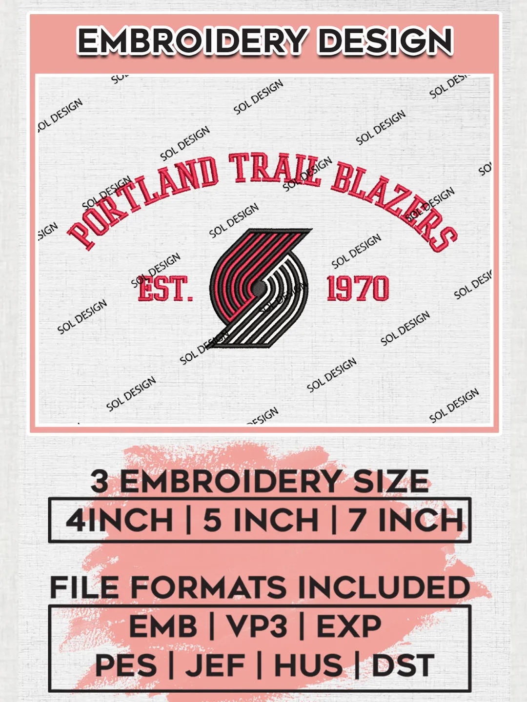 NBA Portland Trail Blazers Basketball Team Est Logo Embroidery Design, NBA Portland Trail Blazers Logo Embroidery Files, Basketball Team Machine Embroidery, Machine Embroidery Design